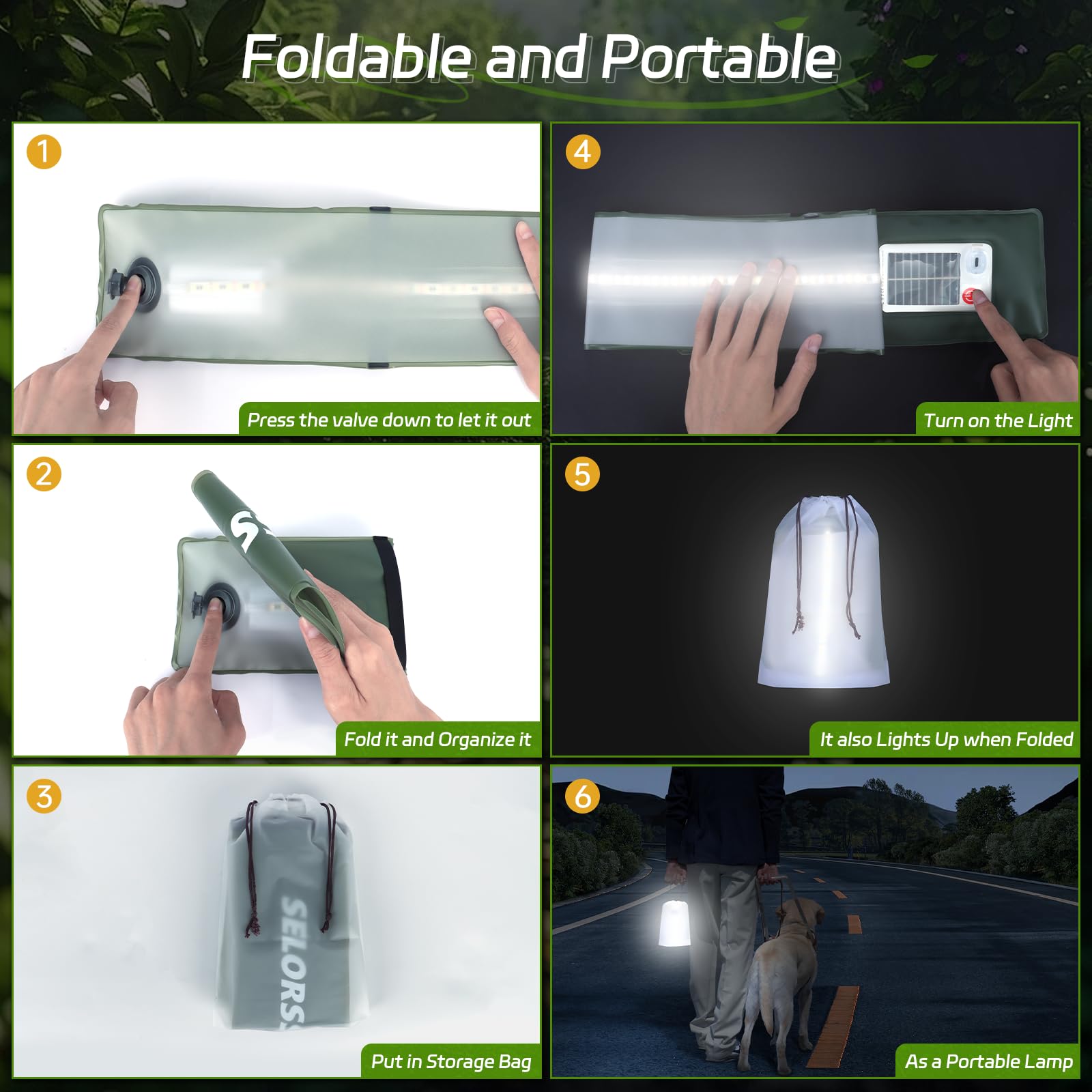 Lampes de Camping Gonflables Solaires 33.86IN/86CM Lampe Télescopique Pliable Outask, Lumière LED Extérieure Portable 2000mAh IP66 Étanche avec Lumière Blanche pour Camping, Randonnée - Vert