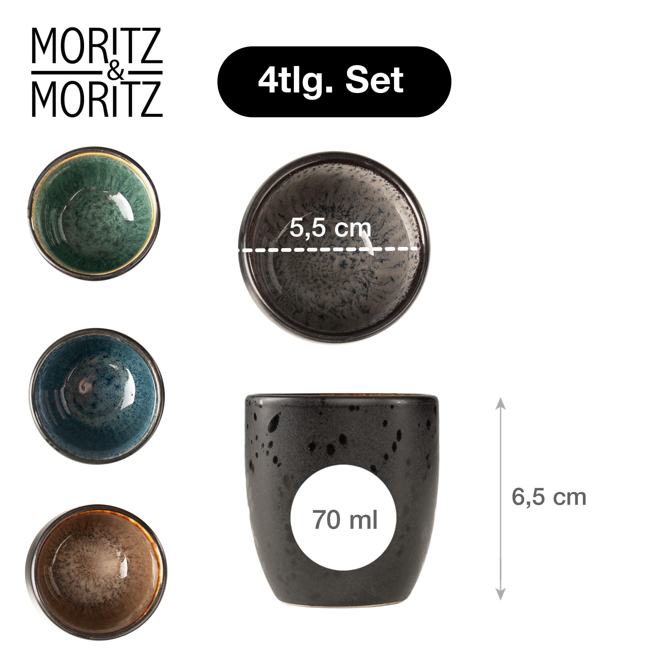 Moritz & Moritz SOLID Espressobecher 4er Pack - Steingut Espresso Tassen 70 ml im Set - Reaktives Design mit farbigen Innenseiten - Robuste kleine Kaffeebecher - Leicht stapelbar & pflegeleicht
