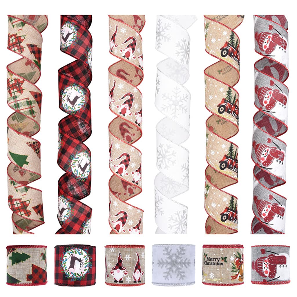 6 Roll Christmas Polyester Ribbon Cartoon Heart Tree Candy Cane Stocking Pattern String for Craft Gift Package