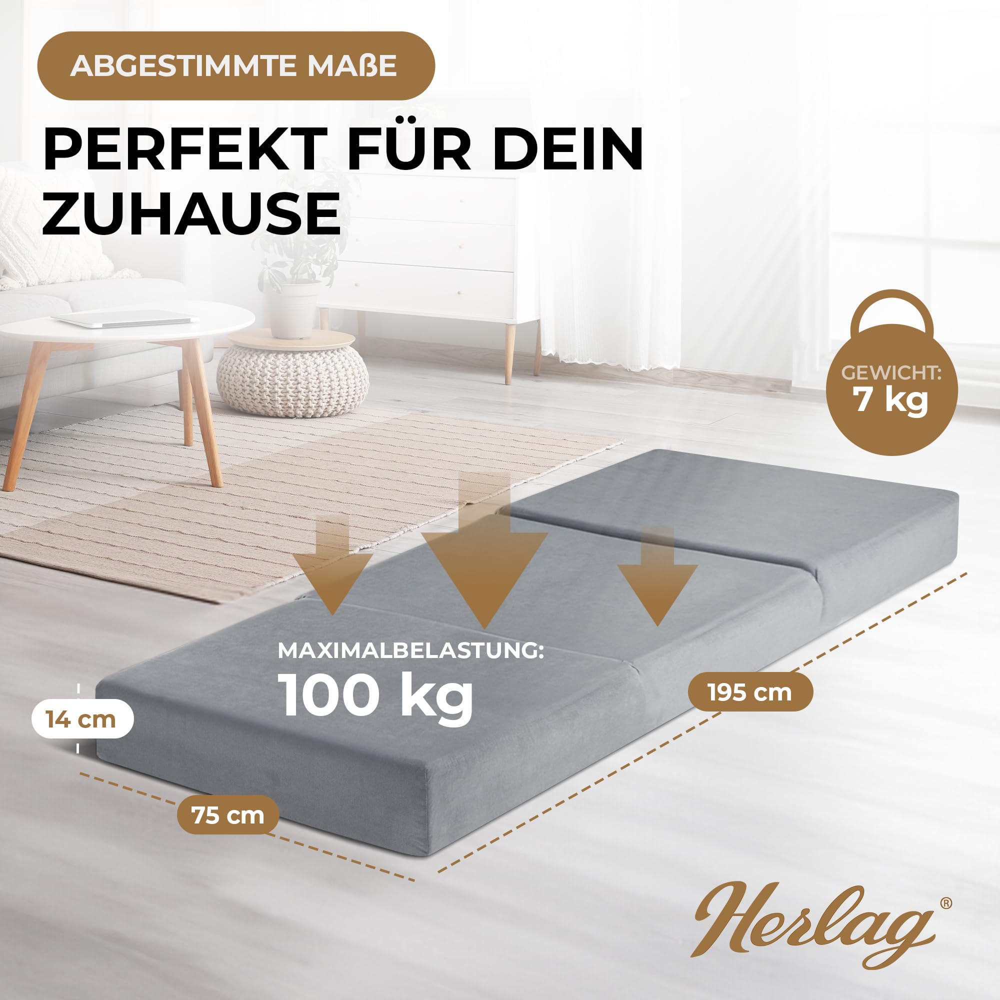 Herlag Orthopädische Klappmatratze 195x75x14cm - Extra Dickes Gästebett 14 cm hoch - Faltmatratze Härtegrad H3 Deluxe-Komfort Visco-Schaum - Faltbare Gästematratze 3-teilig - Bezug waschbar - Grau
