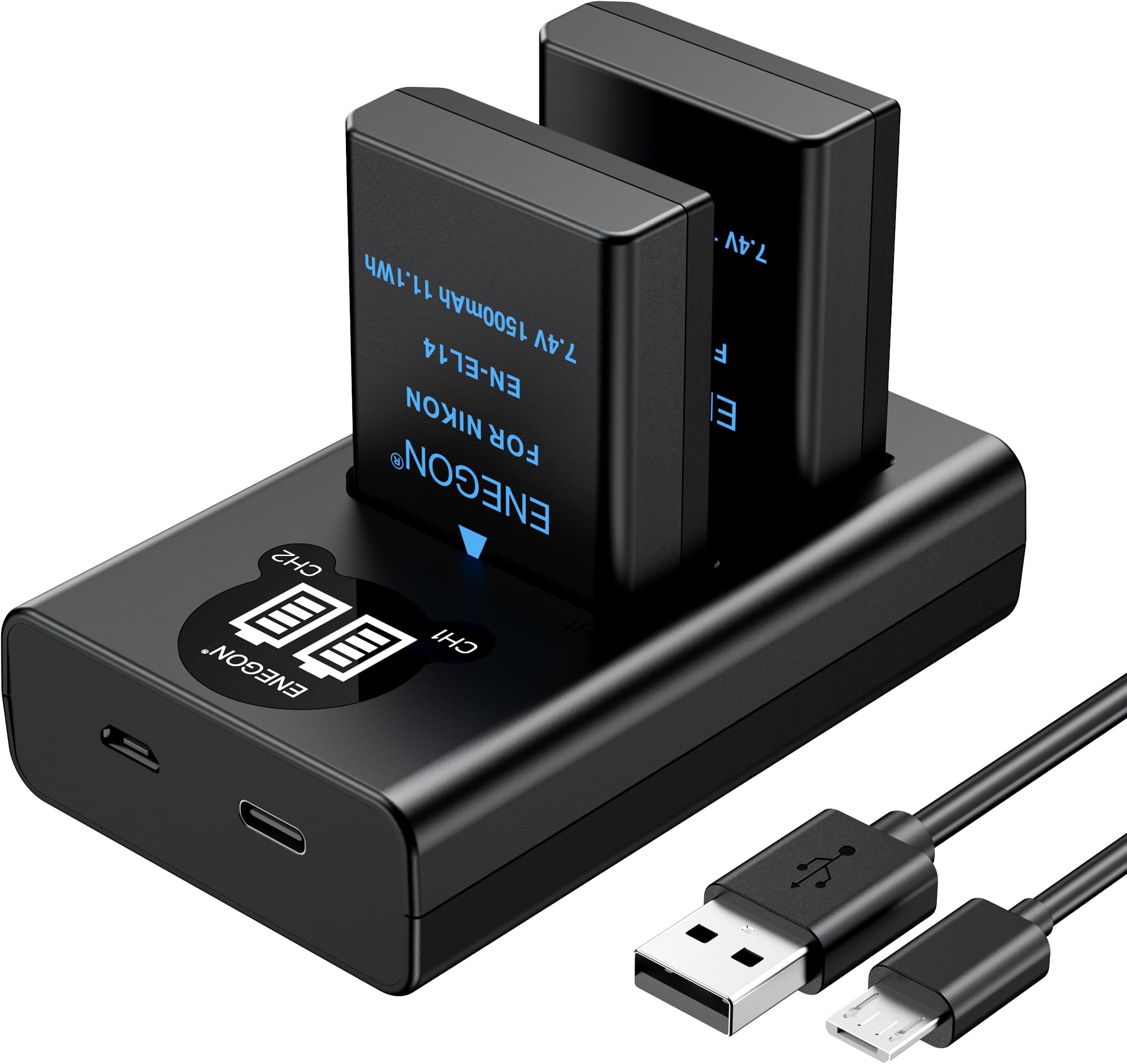 ENEGON EN-EL14/EL14a Li-ion Battery 2 Pack and Smart LED Dual Charger Compatible with Nikon D5600 D5100 D5200 D5300 D5500 D3100 D3200 D3300 D3400 D3500 Coolpix P7000 P7100 P7200 P7700, P7800