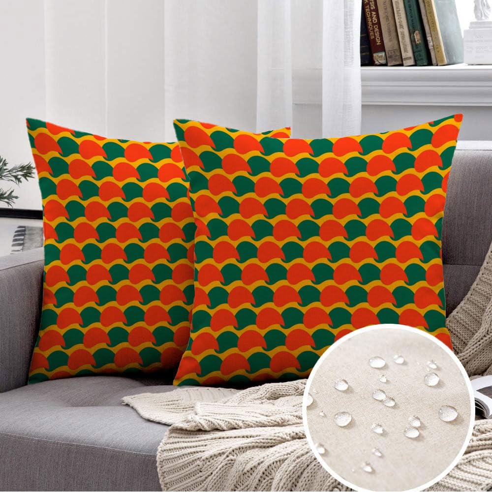 Set of 2 Throw Pillows Cover 18 x 18 Inches Asian Green Orange Yellow Wavy Wave Vintage Japanstyle Abstract Chinese Circle Color Curve Effects Waterproof Cushion Case Cotton Linen for Outdoor Decor