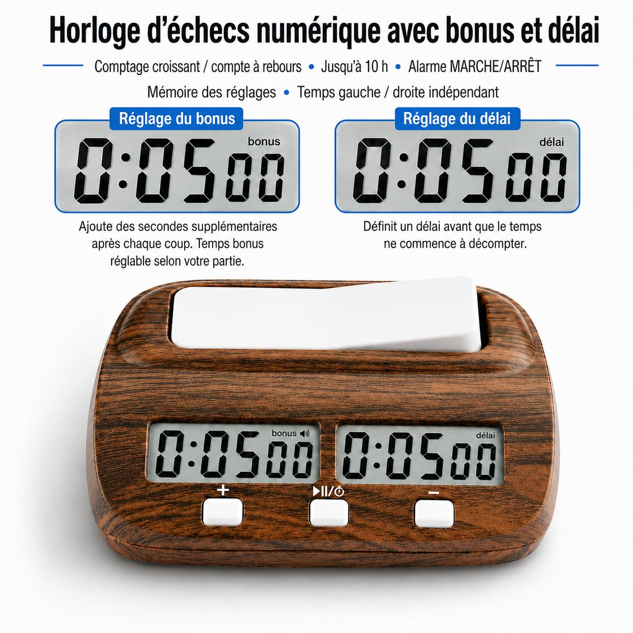 Horloge D'échecs Numérique Professionnelle, Minuteur Échec Electronique avec Compte à Rebours/Bonus/Retard, Pendule Echec Bois, Échiquier Electronique, pour Échecs, Jeu de Go et Gobang