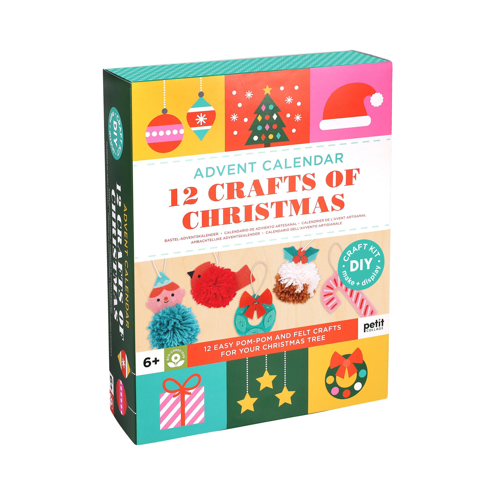 Petit Collage: 12 Crafts of Christmas Advent Calendar - Eco-Friendly Advent Craft Kit for Kids 6+ – Includes Felt Shapes, Pom‑Pom Maker, Yarn & Needle