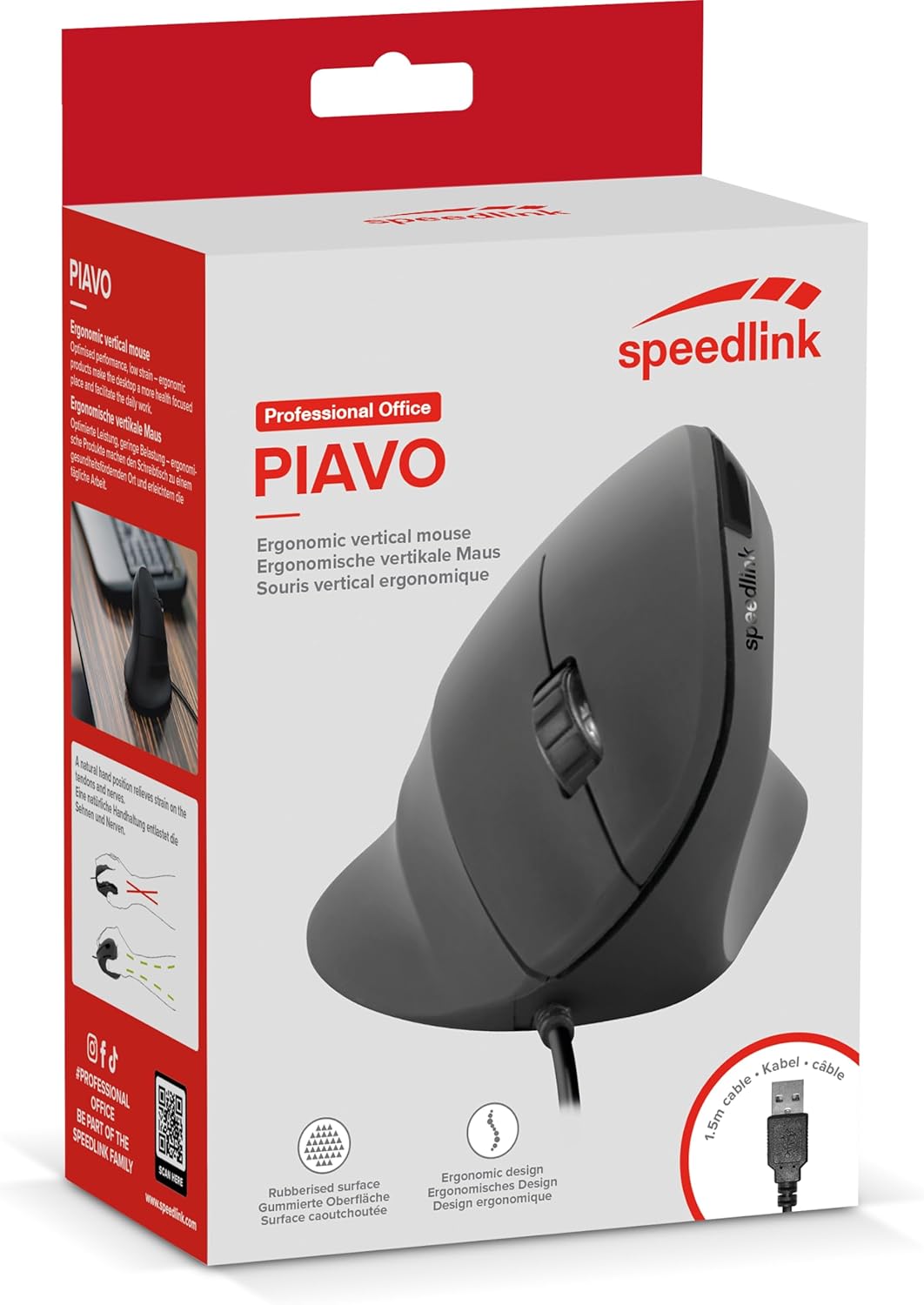 Speedlink PIAVO Ergonomic Vertical Mouse - Wired Ergonomic Vertical Mouse with USB Port for Office/Home Office, Black