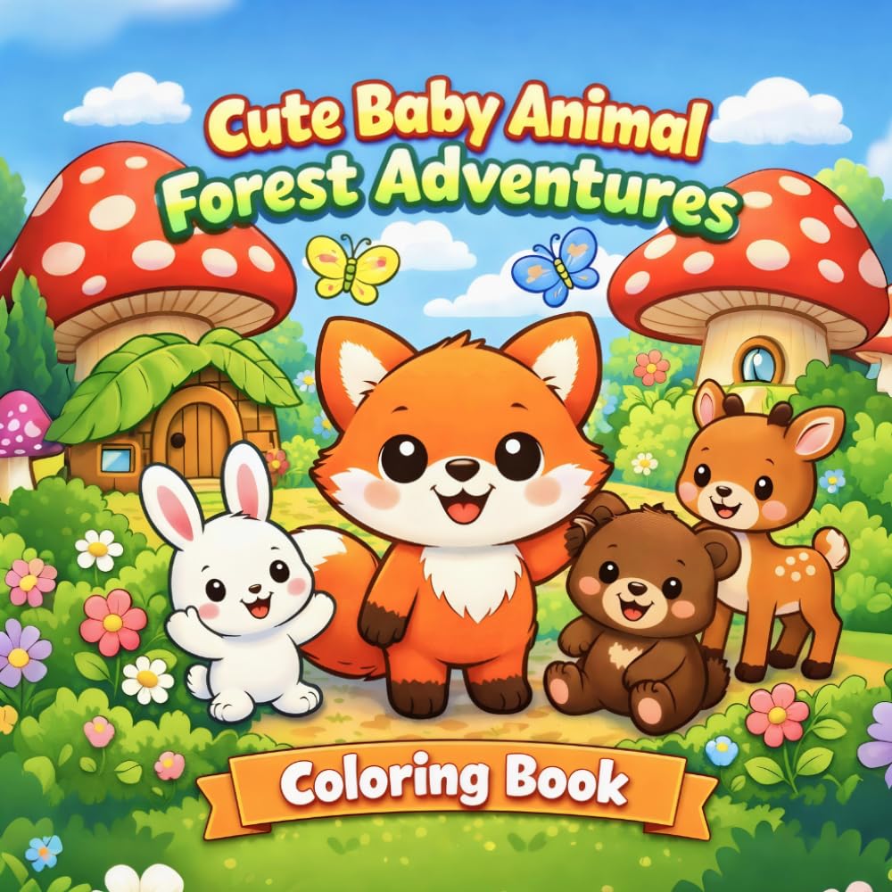 Cute Baby Animal Forest Adventures Coloring Book: 25 Adorable Woodland Animal Coloring Pages for Kids Ages 3–7 — Fox, Bunny, Bear and Deer with Fun Values and Friendship Stories