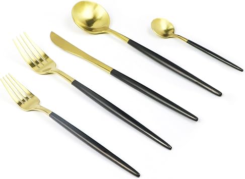 Customized 5-Piece 18/10 Stainless Steel Flatware Set, Serive for 1, With Fork Spoons Knife Teaspoon Dessert Fork for Home Kitchen Restaurant Hotel Black + Gold
