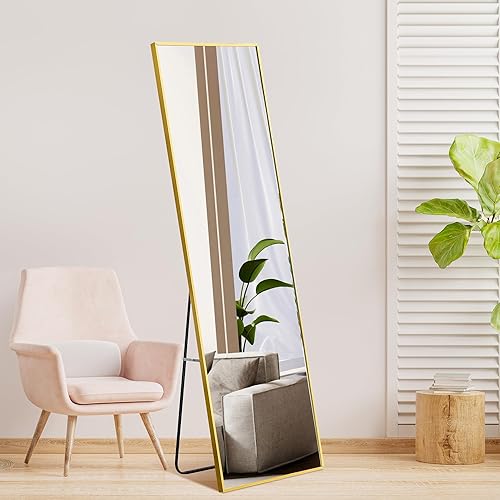 BOSTANA Espejo de longitud completa de 63 x 20 pulgadas con soporte, marco de metal de aleación de aluminio, a prueba de explosiones, anticorrosión,