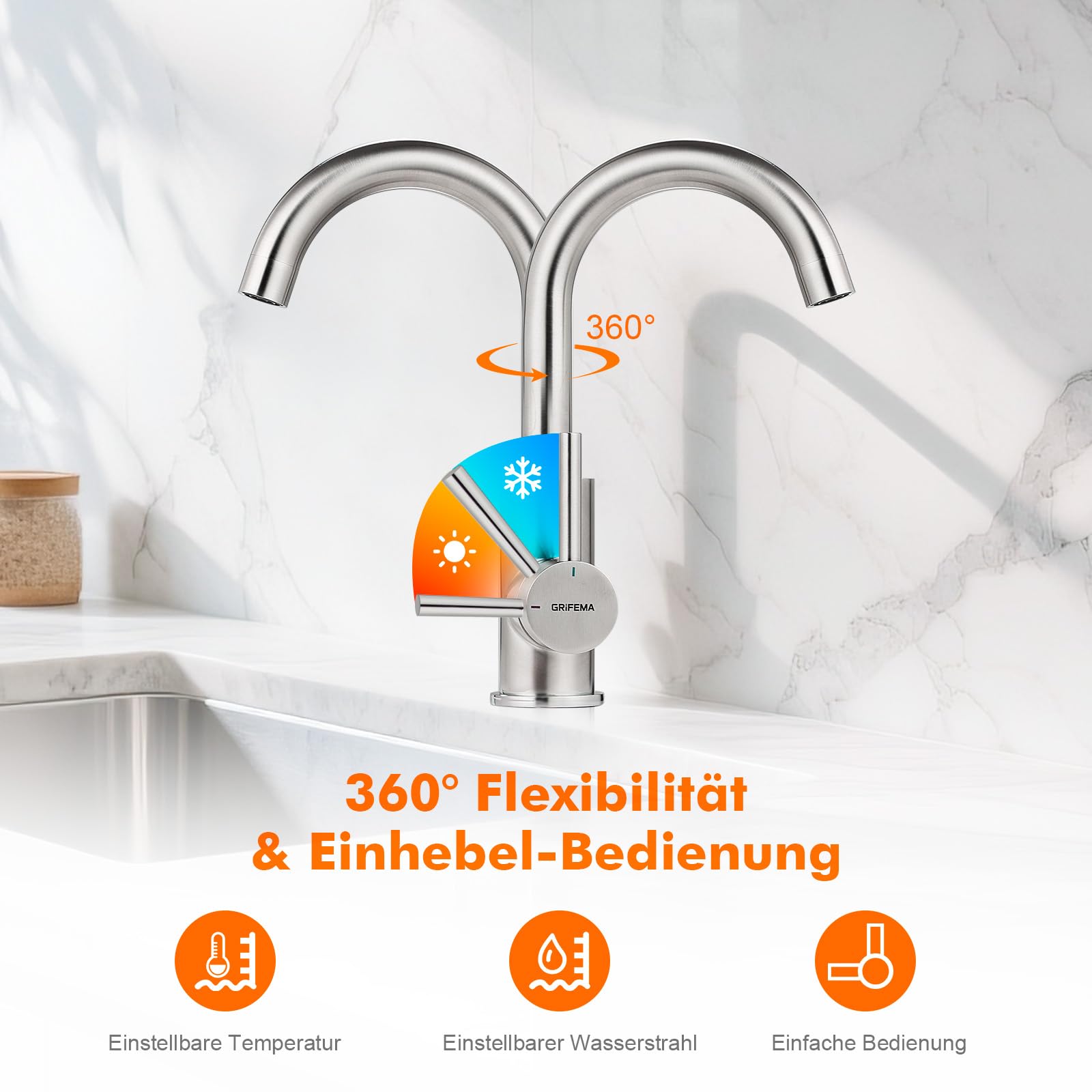 GRIFEMA mitigeur lavabo en laiton avec bec orientable 360° | Eau chaude et froide, aérateur anti-éclaboussures, installation avec flexibles