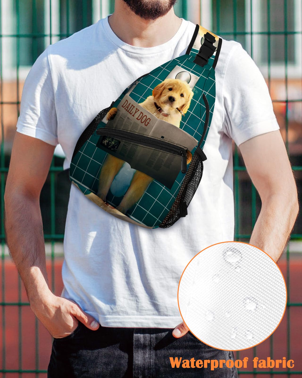 Sling Backpack, Golden Retriever Smoking and Reading Newspaper on Toilet Waterproof Lightweight Small Sling Bag, Travel Chest Bag Crossbody Shoulder Bag Hiking Daypack for Women Men