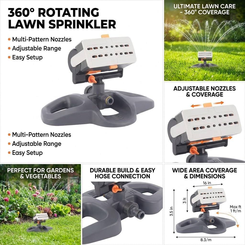 Irrigatore a 360° per cortile, irrigazione giardino prato, sistema automatico Covers135m2 ft collegamento tubo