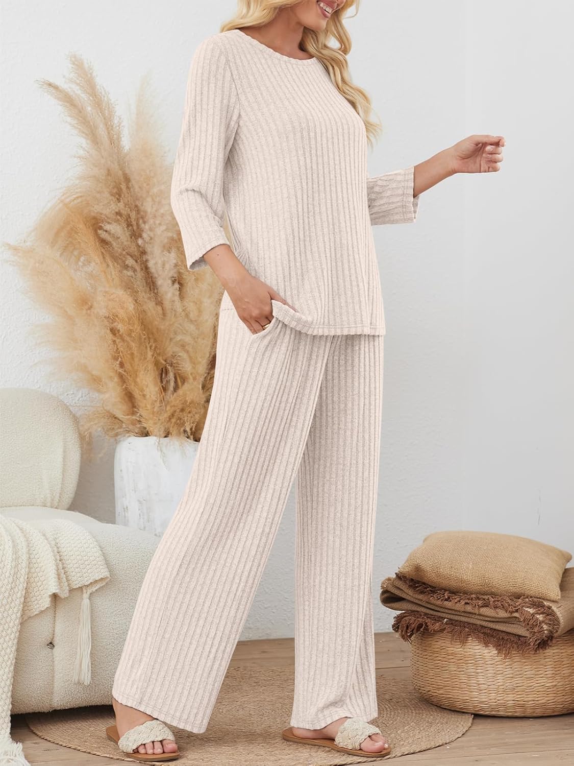 LILLUSORY Womens 2 Piece Lounge Sets Pajamas Matching Outfits 2026 3/4 Sleeve Fall Clothes Vacation Comfy Casual Sweatsuits - Image 3