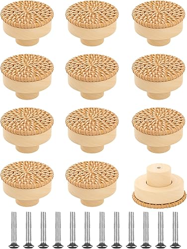 Miniatura 1 de 12 pomos de ratán bohemio de 1.65 pulgadas de diámetro, de madera redonda natural, hechos a mano, de mimbre tejido a mano, pomos y tornillos para