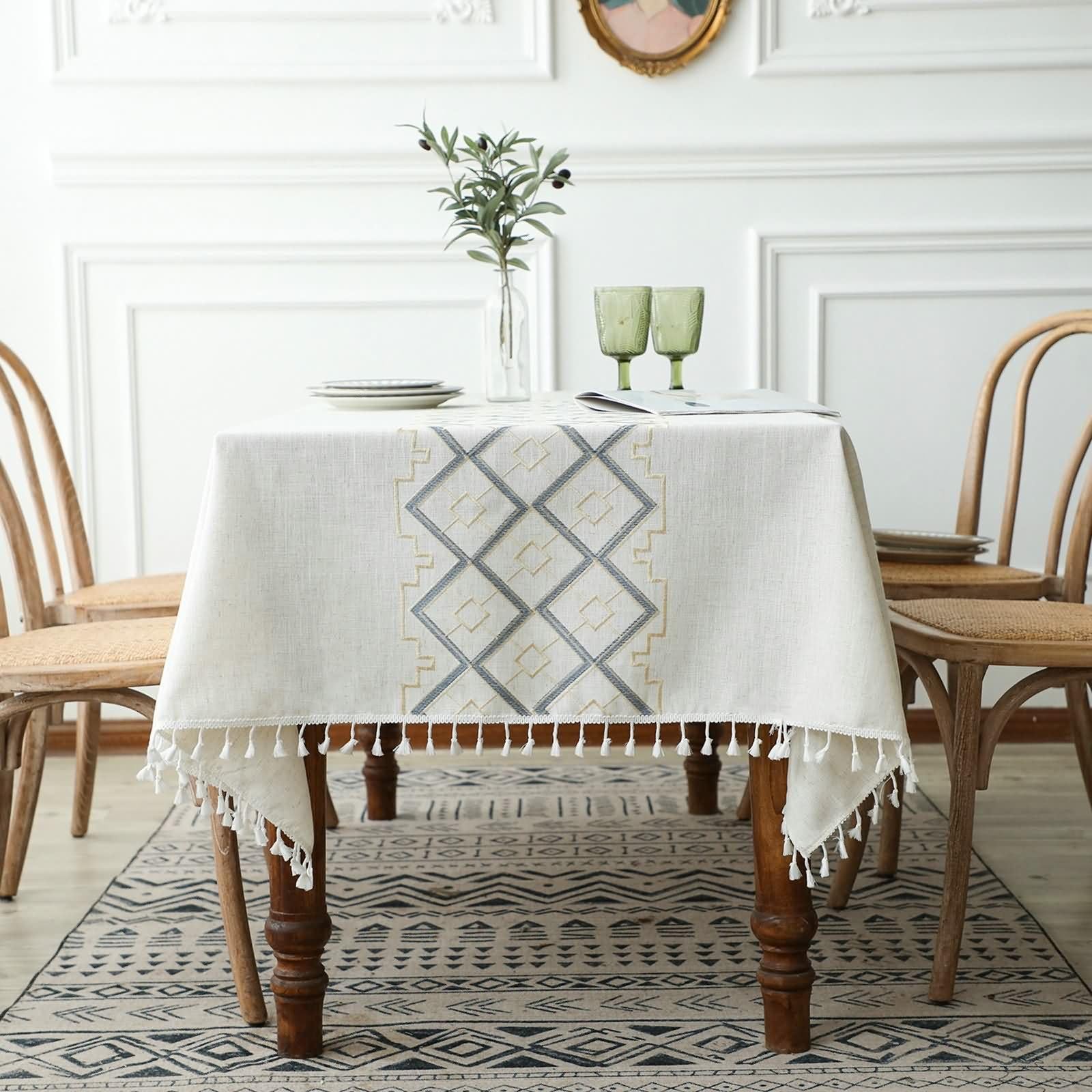 Mantel Rectangular Gris Azul Mesa Exterior, Bordado de Rombos con Borlas, de Algodón y Lino Elegante, 110 x 170 cm, Mantel para Comedor