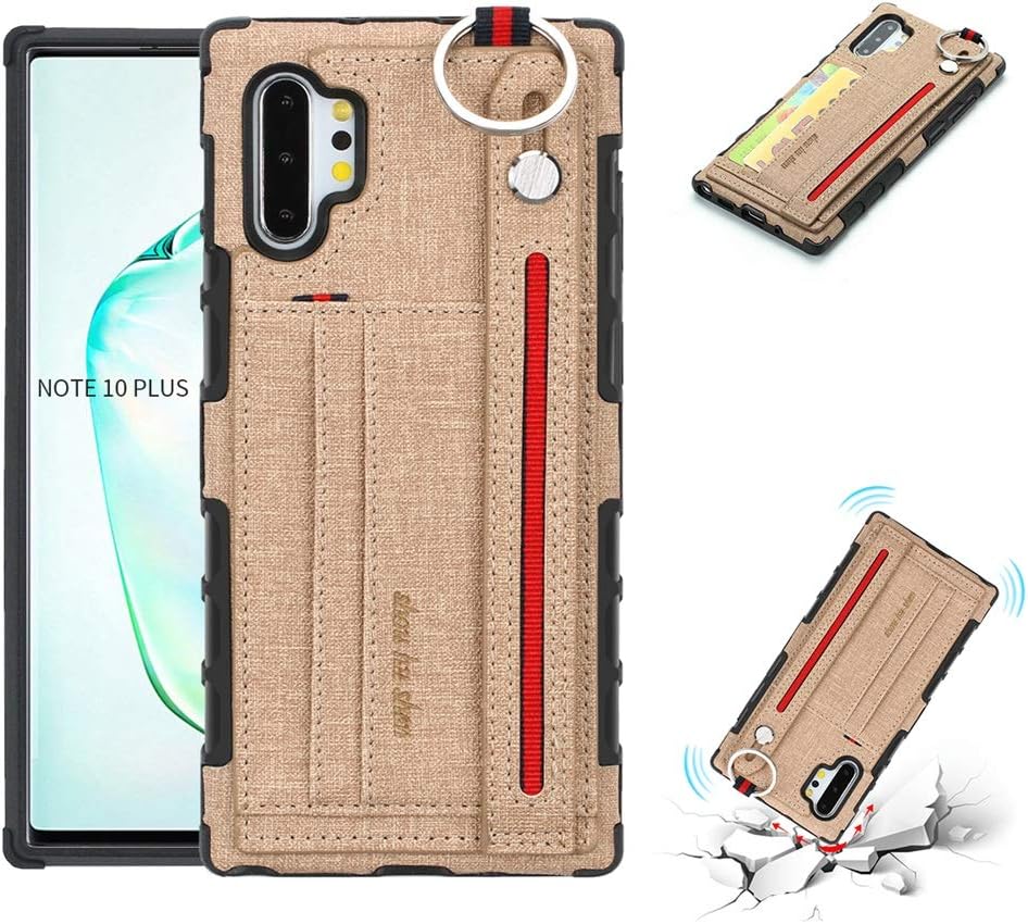 Galaxy Note 10 Plus Case,HuiFlying PU Leather Shockproof Wallet Case [Credit Card ID Holders] Adjustable Wrist Strap Hand Strap Stand Back Cover TPU for Samsung Galaxy Note 10+/Note 10+ 5G (Khaki)