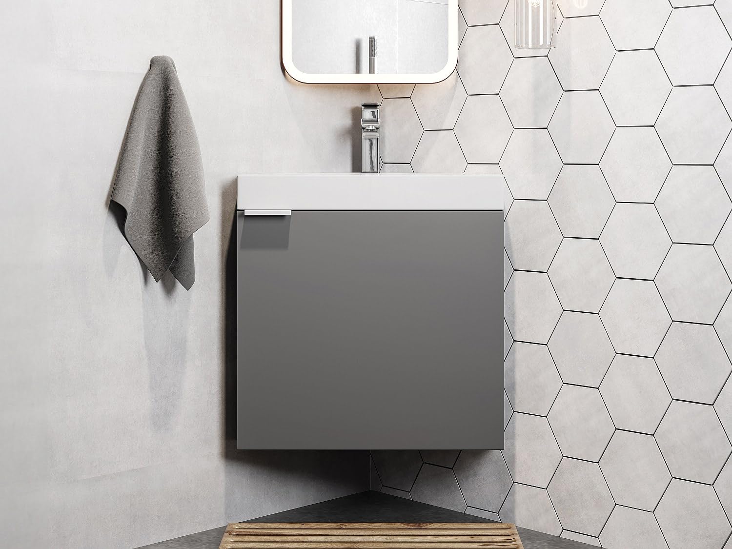 Vente-unique - Meuble Lave-Main d'angle Suspendu Gris Mat - 56 cm - MANODO