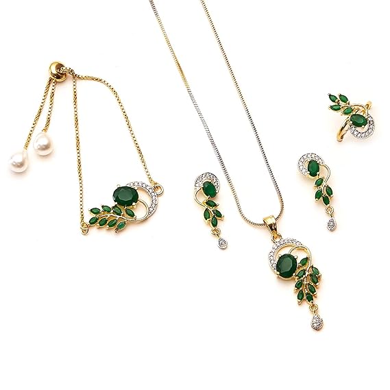 Zeneme Jewellery Set American Diamond Gold Plated Traditional Style Necklace Pendant Set, Ring, Bracelet with Earring Jewellery for Women and Girls