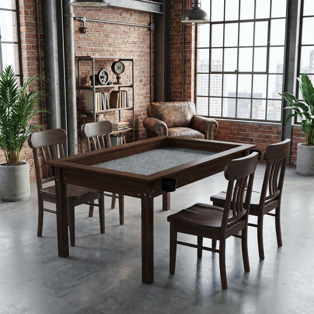 2-in-1 Board Game Table with Removable Top, Solid Wood Legs, 63x40 Inches, Rustic Brown, 4-6 Players, Cup Holders, Non-Slip Play Mat, Dining and Gaming