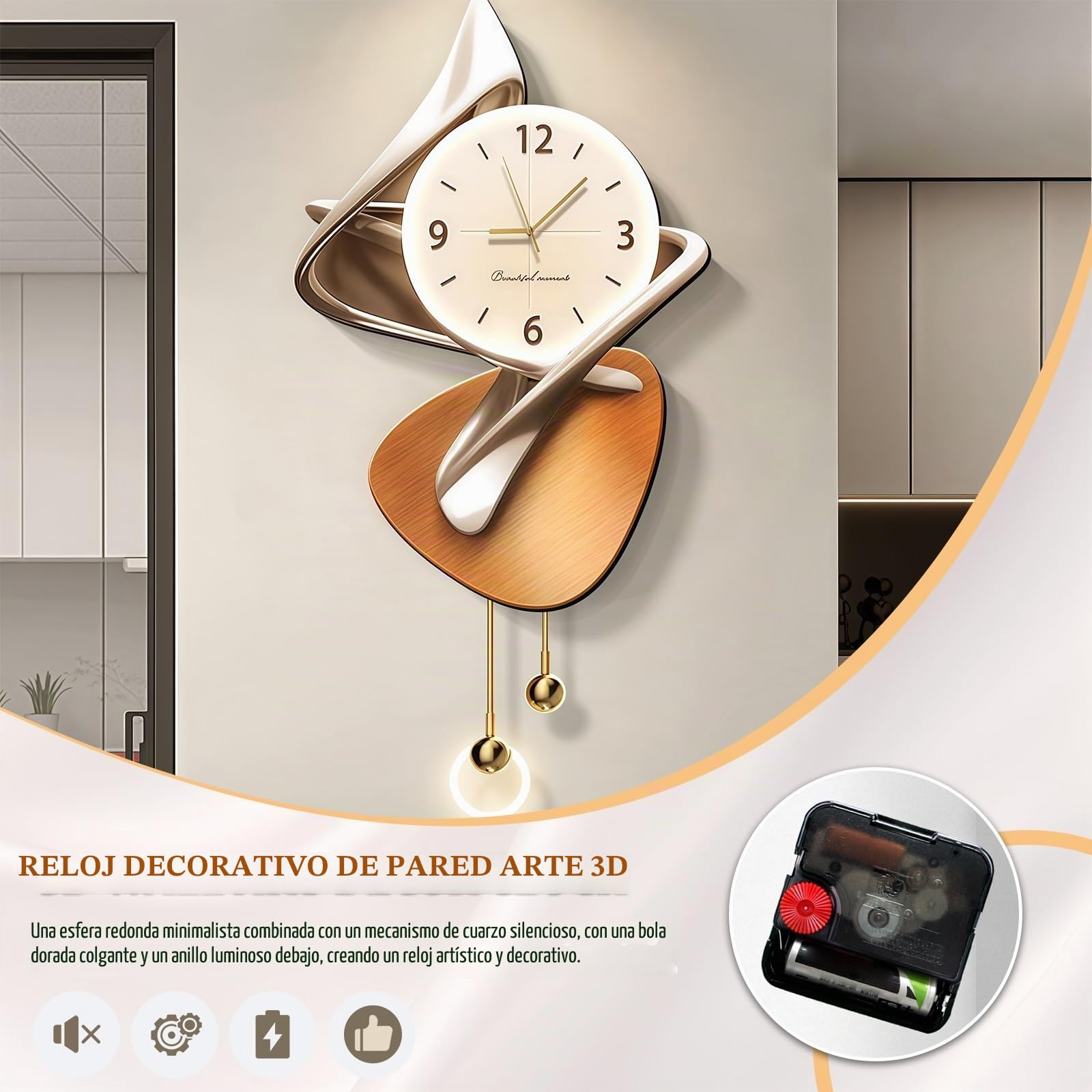 Reloj De Pared Artístico 3D con Luz LED, Reloj Decorativo De Cuarzo Silencioso, Esfera De Porcelana Cristal con Bola Colgante, Decoración Moderna para Salón Dormitorio Oficina