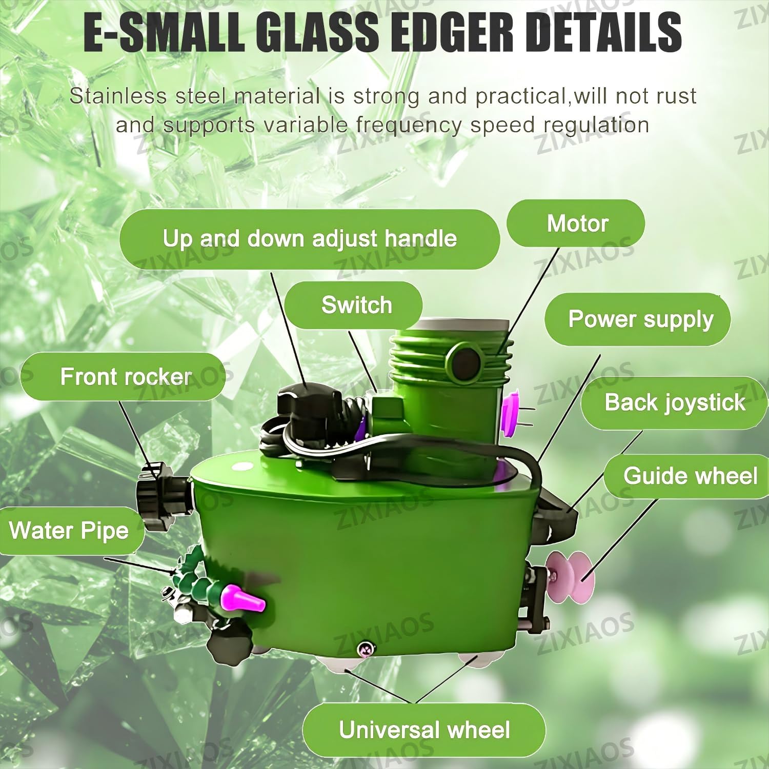 800w Electric Small Glass Edging Machine Portable Glass Edger Straight Round Bevel Edge Edge Grinder Polish Edge Machine with 8 Diamond Wheels Green