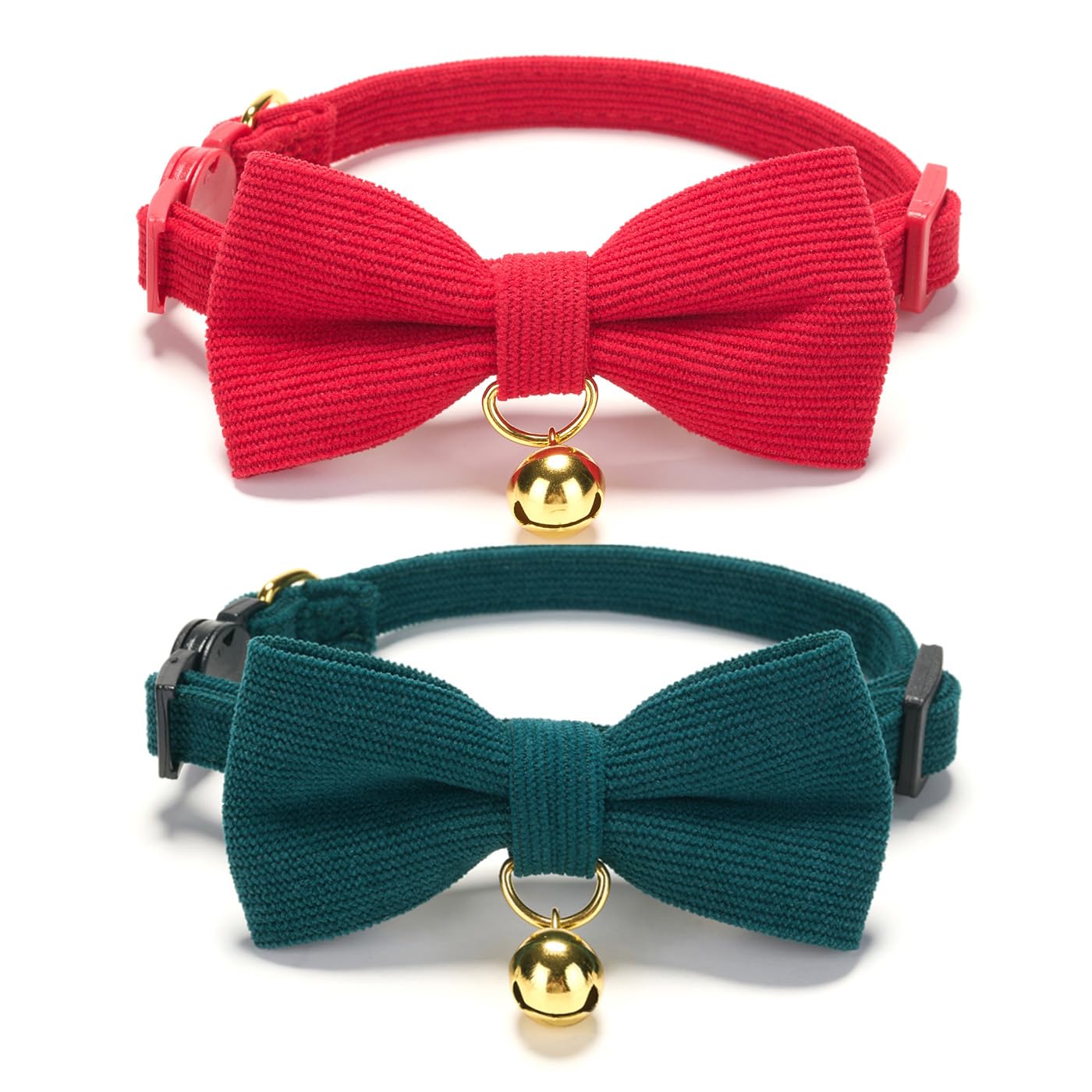 Petiry Soft Christmas Cat Collar With Bow,Corduroy Breakaway Kitten Collar With Removeable BowTie and Gold Bell,Pack of 2,Red Green