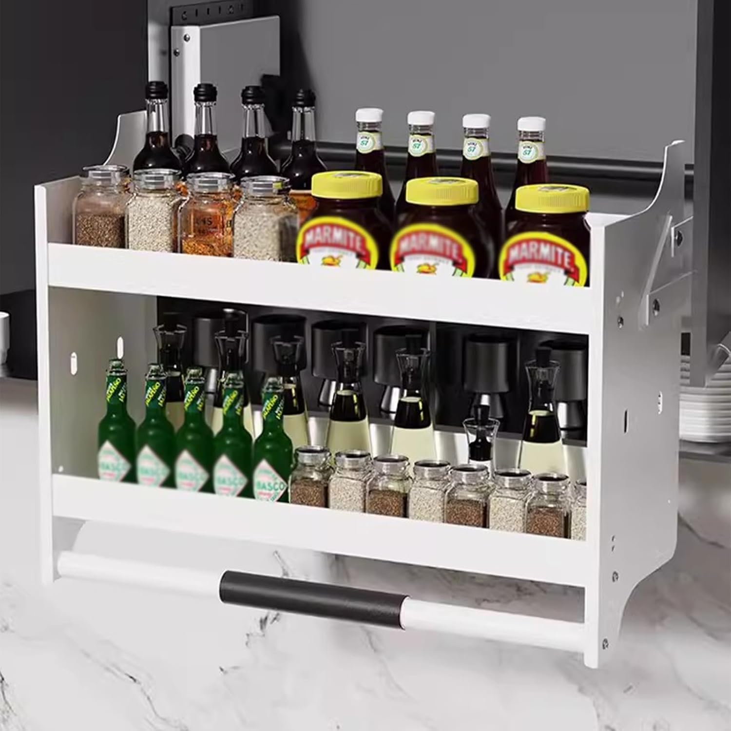 OLSKFUH Heavy Duty 2 Tier Pull Out Dish And Spice Rack Kitchen Cabinet Pull Down Shelf Pull Out Cabinet Organiser,Bianco-66X26X54CM