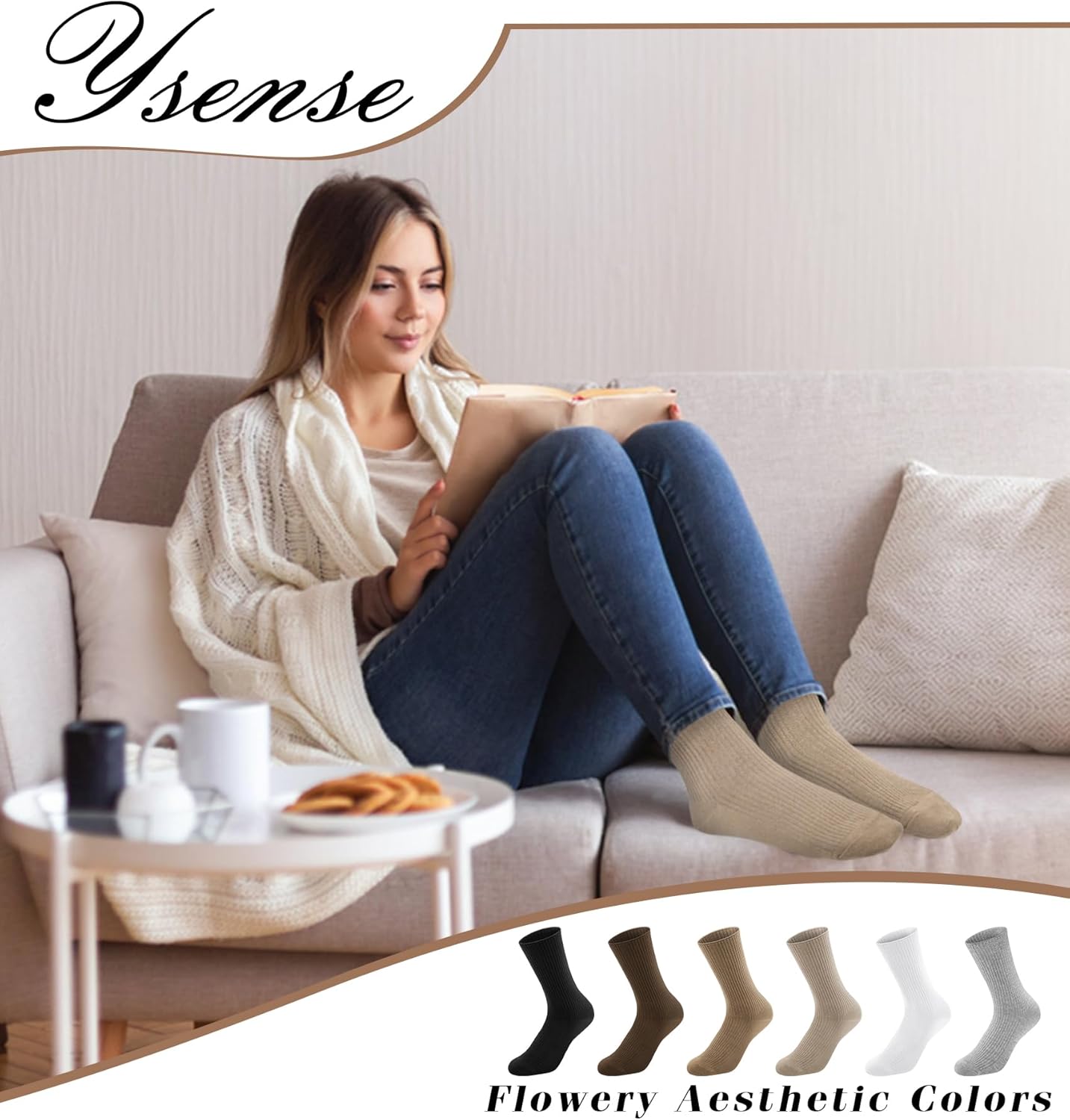 YSense Women's Cotton Crew Socks 6 Pairs, Long Cute Aesthetic Neutral Athletic Boot Socks for Women Stocking Stuffers Gifts - Image 5