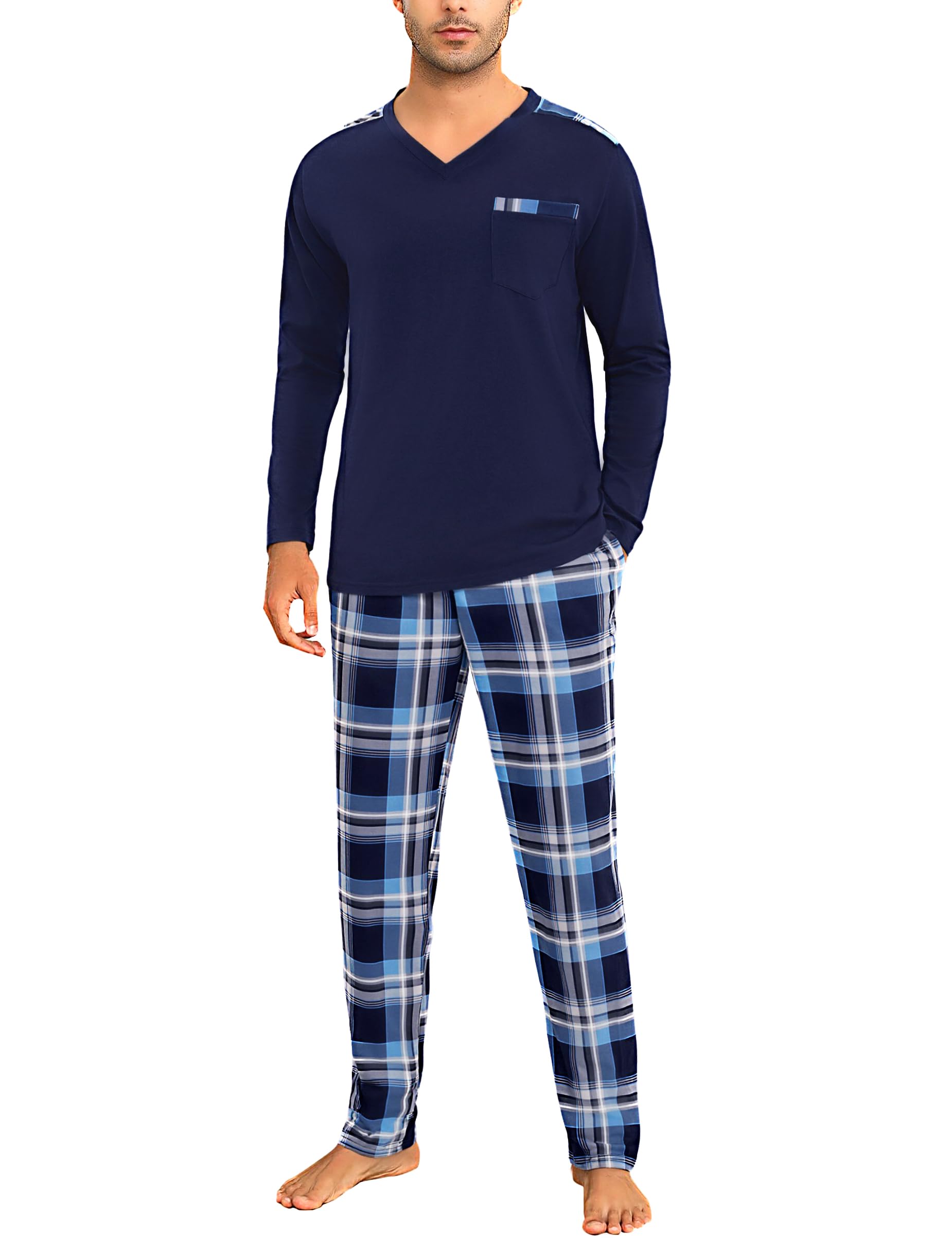 Litherday Pijama Hombre Invierno Algodón Conjunto de Pijama Hombre Manga Larga Camiseta con Bolsillos y Largo Pantalones de Pijama