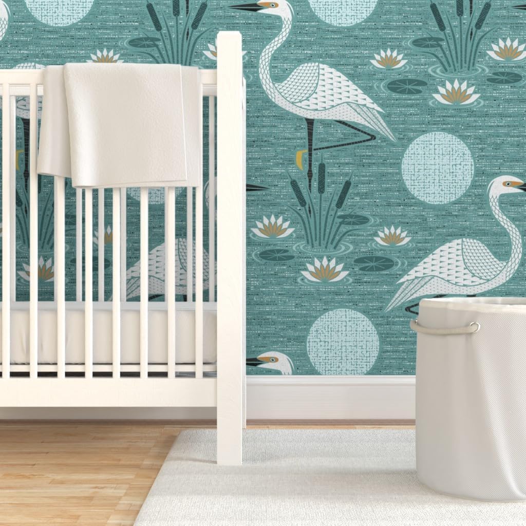 Peel & Stick Wallpaper 3ft x 2ft - Water Lily White Egret Teal Aqua Neutral Calm Serene Minimal Weathered Custom Removable Wallpaper by Spoonflower