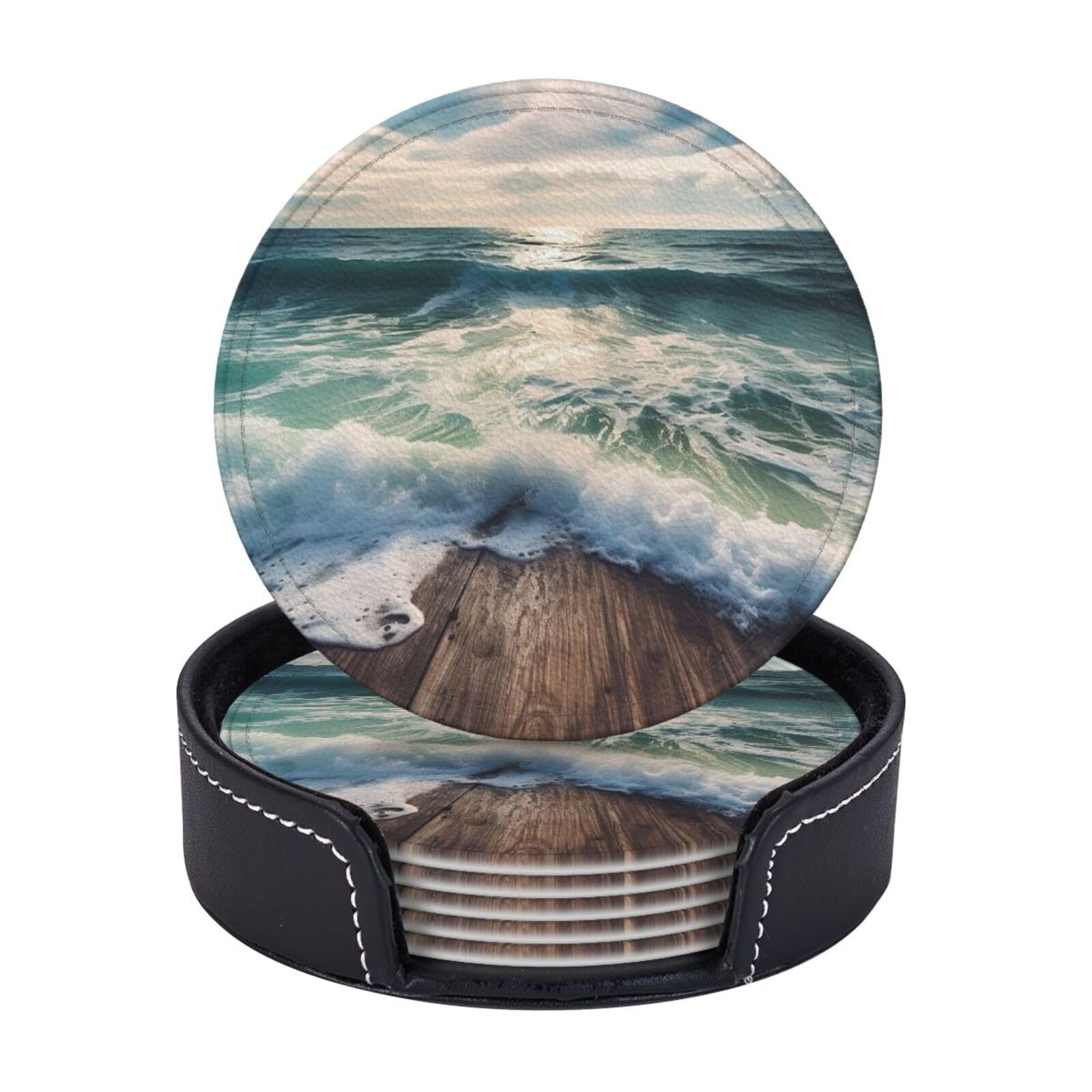 6PCS Drink Coasters with Holder, 4" Leather Coasters for Drinks, Sea on The Boards Cup Coasters for Coffee Table Decor, Non-Slip Drinking Cup Mat for Hot or Cold Drink
