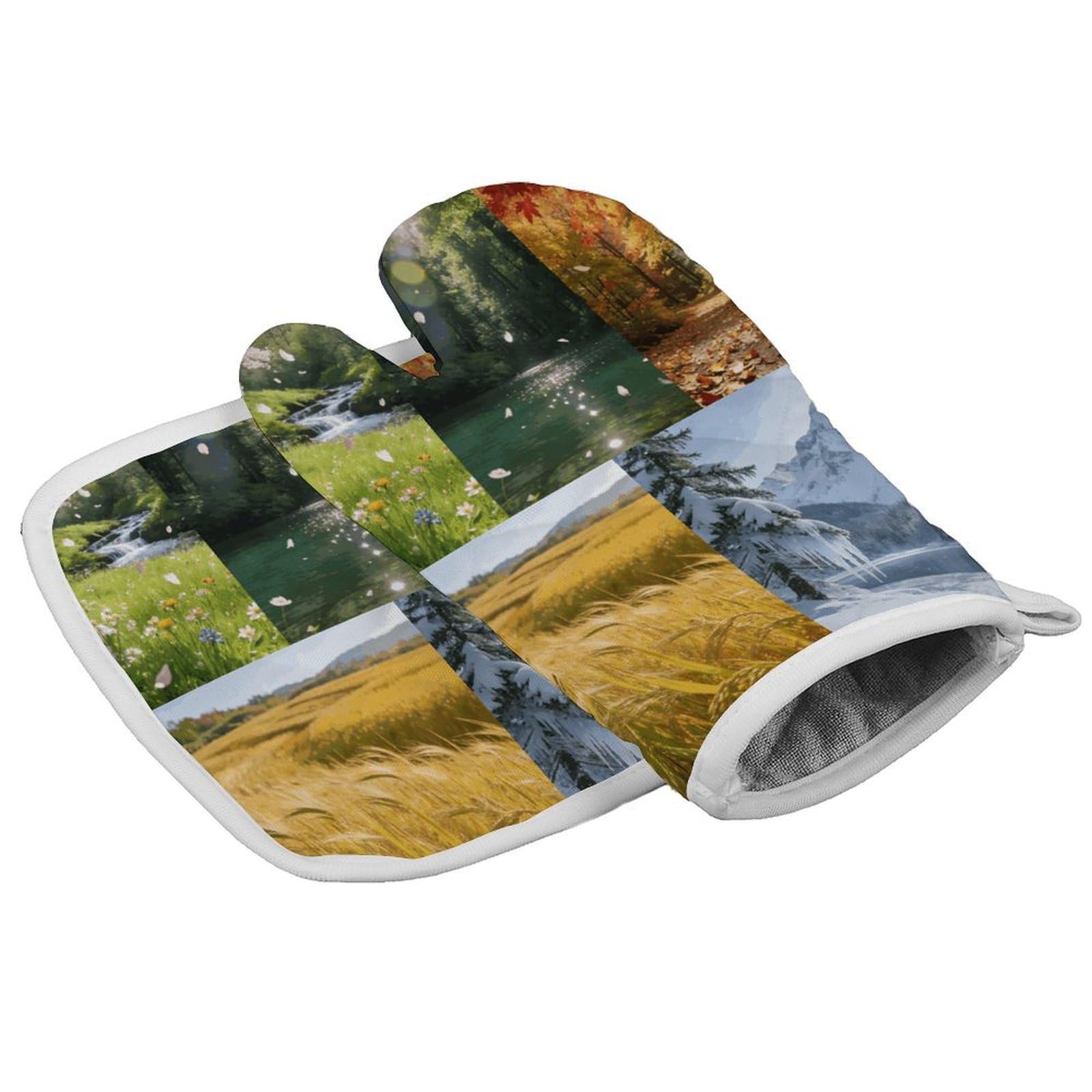 Fodpand Style Scenery Of The Four Seasons Oven Mitt Set With Lanyard, Cooking Mitt, Protective Thermal Insulation,Kitchen Mitt For Baking, Cooking, Grilling, Microwave