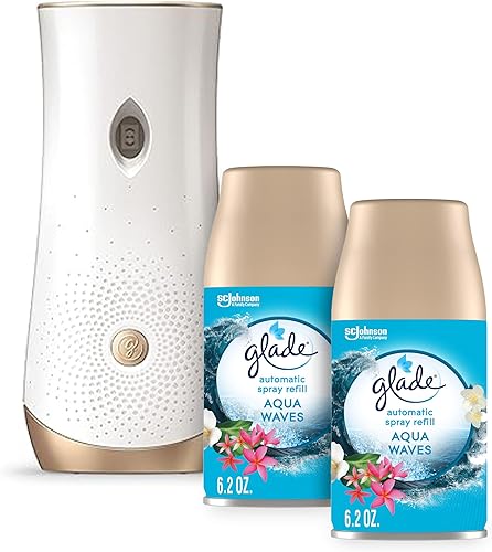Glade Kit automático de repuesto y soporte de aerosol, ambientador para el hogar y el baño, Aqua Waves, 6.2 onzas, 2 unidades