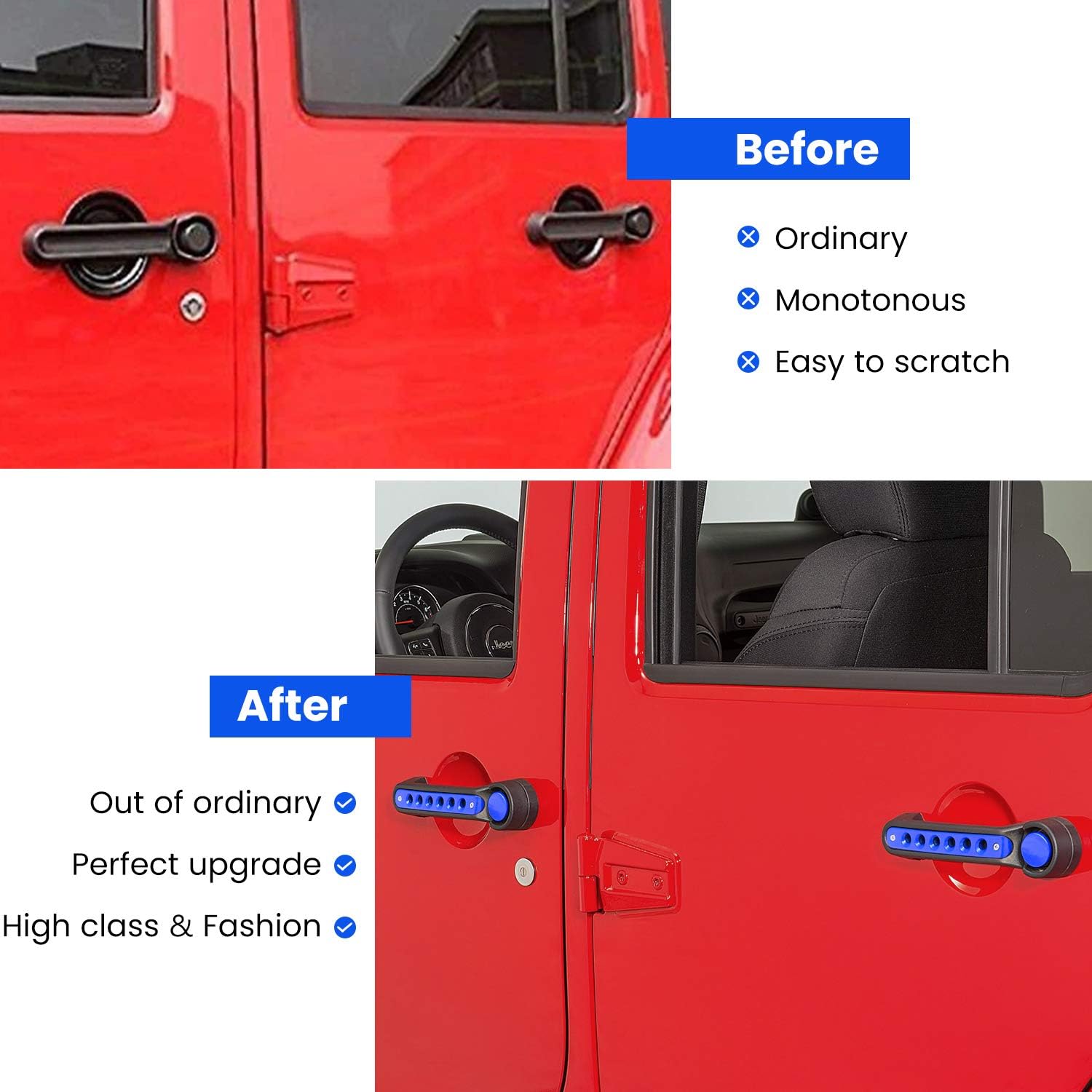E-cowlboy Grab Handle Inserts Cover+Push Button Knobs Cover Trim for Jeep Wrangler JK JKU Sahara Rubicon Unlimited 2007-2018 Exterior Door Handle Decoration Accessories Aluminum (Blue) image 5