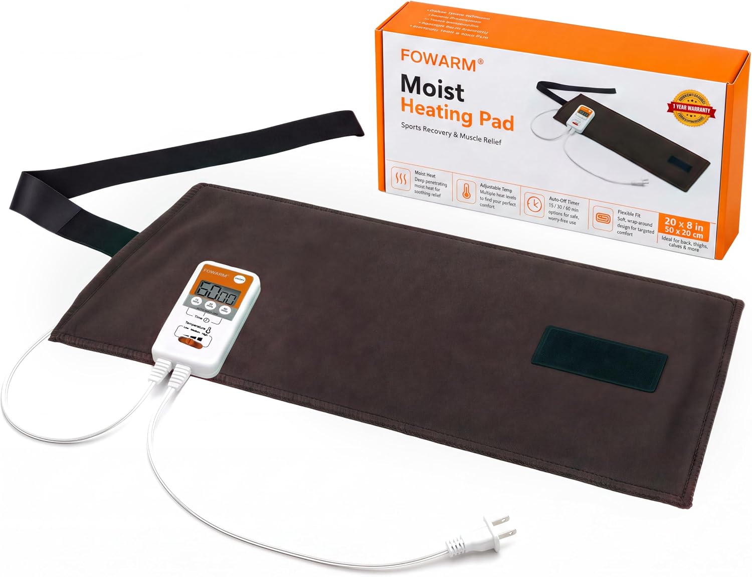Moist Heating Pad for Lower Back, Abdomen, Knee and Arm Joints, Weighted Electric Heating Pad with 3 Heat Levels, Auto Shut Off and Removable Soft Cover, Brown, 20" x 8"
