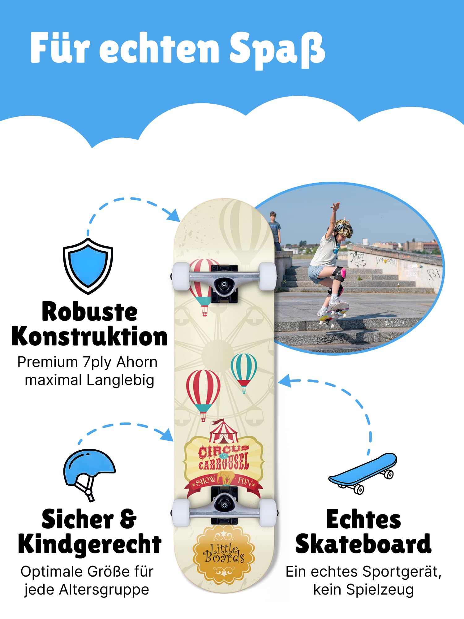Skateboard per bambini – tavola completa di alta qualità per principianti dai 3 o 4 anni in su, in 7 strati di acero, con nastro antiscivolo, assi e ruote in uretano, cuscinetti a sfera