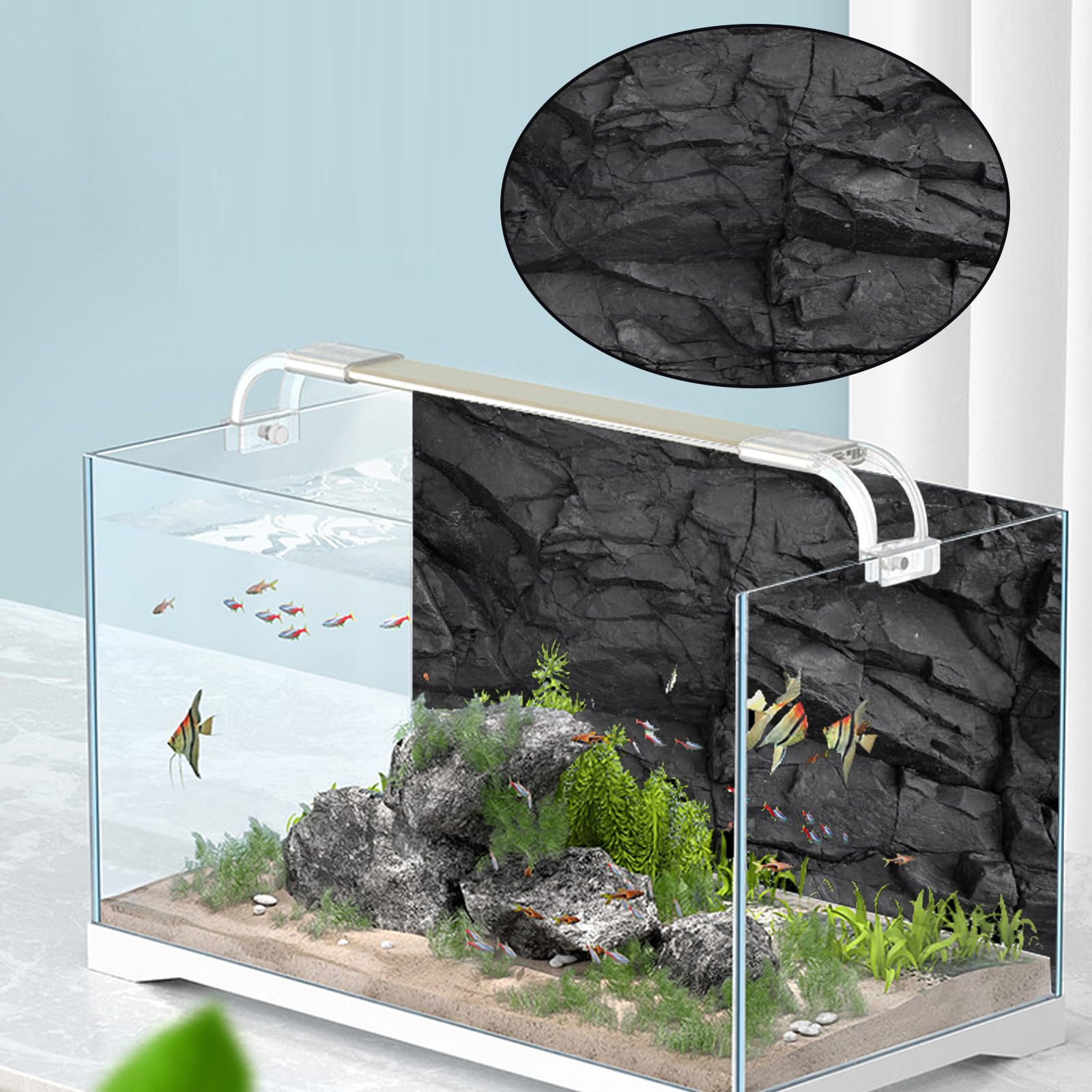 Gohytal Poster per acquario, 120 x 40 cm, statico in PVC, per acquario, sfondo statico, pietra nera, generico, per acquario, parete posteriore, terrario