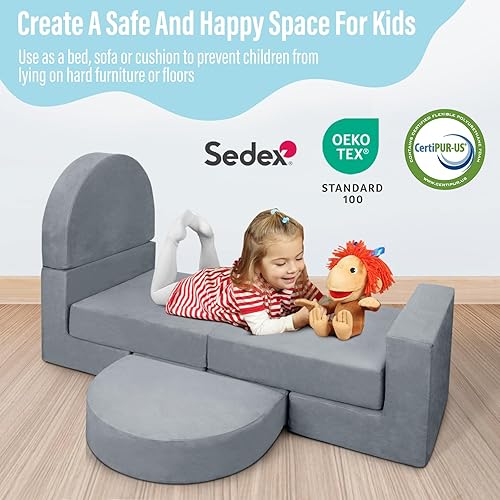 Miniatura 7 de LEBENGURU Sofá de juegos para niños, 7 piezas modulares de espuma para niños, sala de juegos, dormitorio, sofá seccional para niños, muebles para