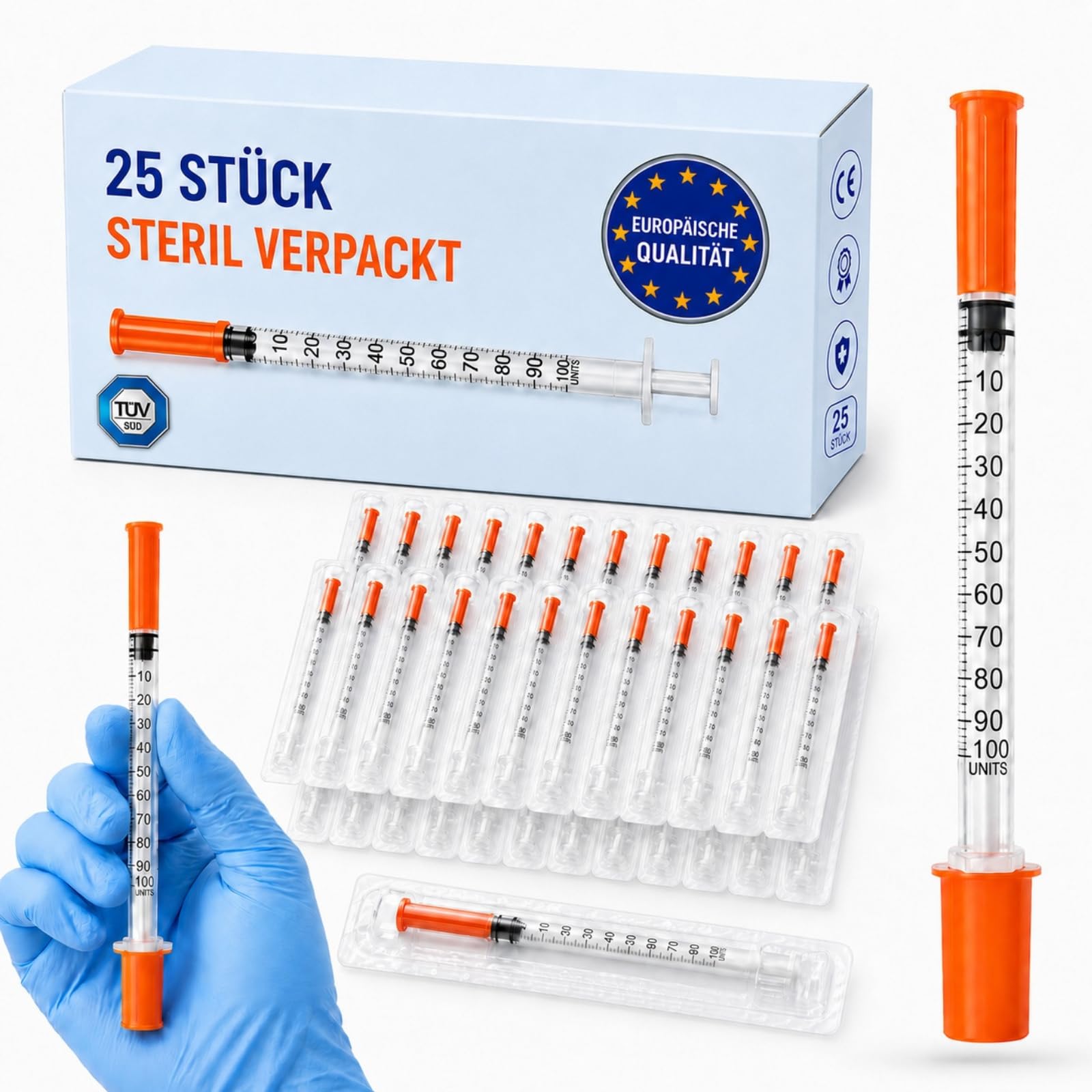 25 Stück 1 ml – 30G x 8 mm | 1 ml Spritzen mit fester Nadel, steril einzeln verpackt, präzise Skala für Flüssigkeitsdosierung, Laborbedarf