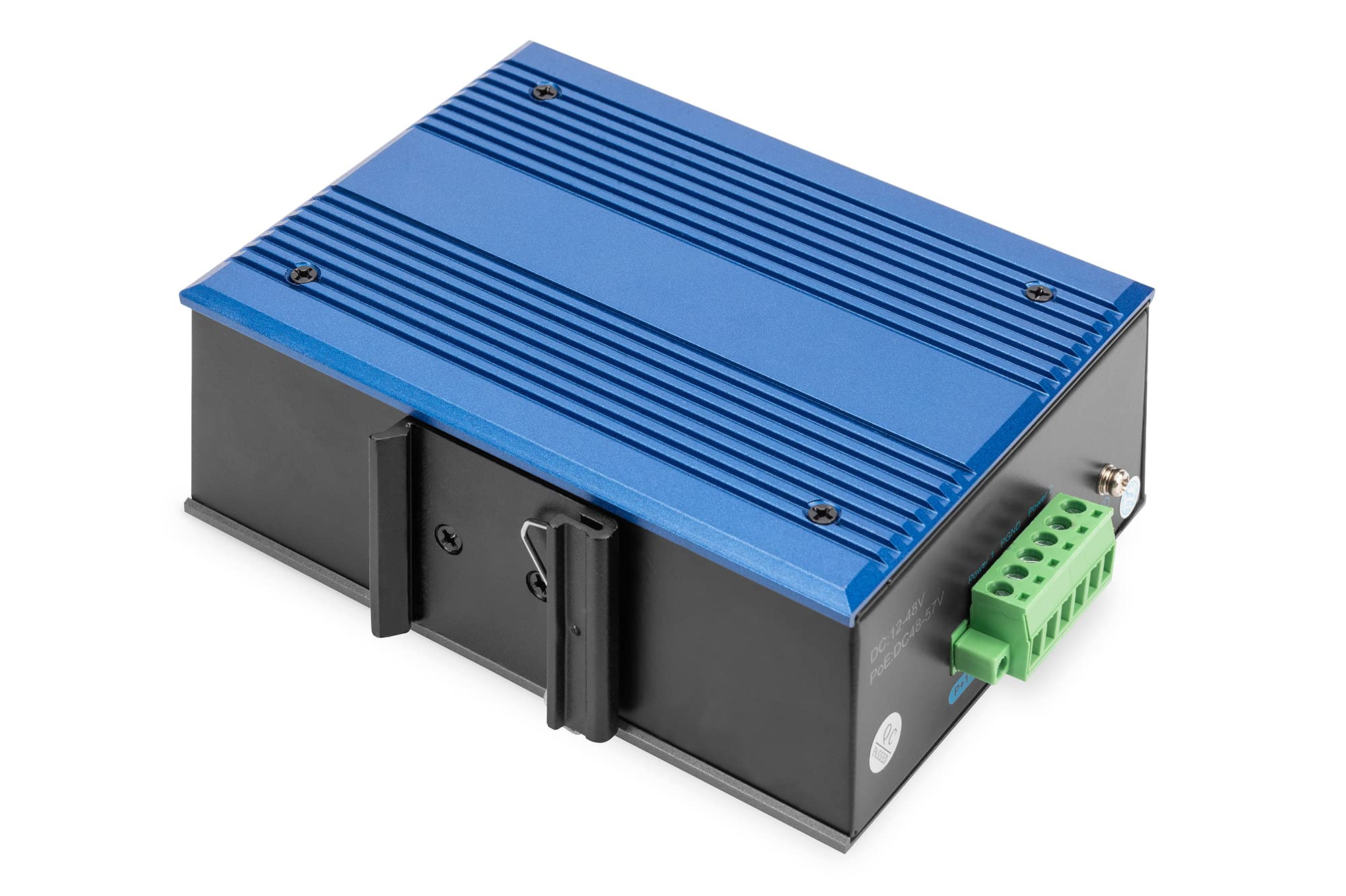 DIGITUS Conmutador de Red - Gigabit Ethernet de 8 puertos - Montaje en carril DIN - Bloque de terminales - Sin ventilador - Negro/Azul