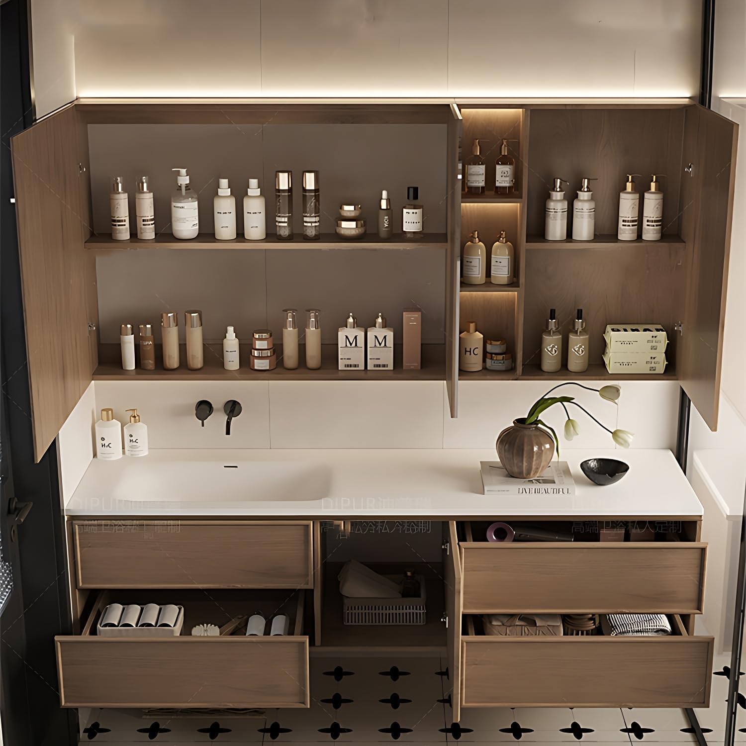 Floating Bathroom Vanity with Sink - Modern Bathroom Vanity - Includes LED Smart Defogging Medicine Cabinet & Drawer - Multi-Layer Solid Wood | Wall-Mounted