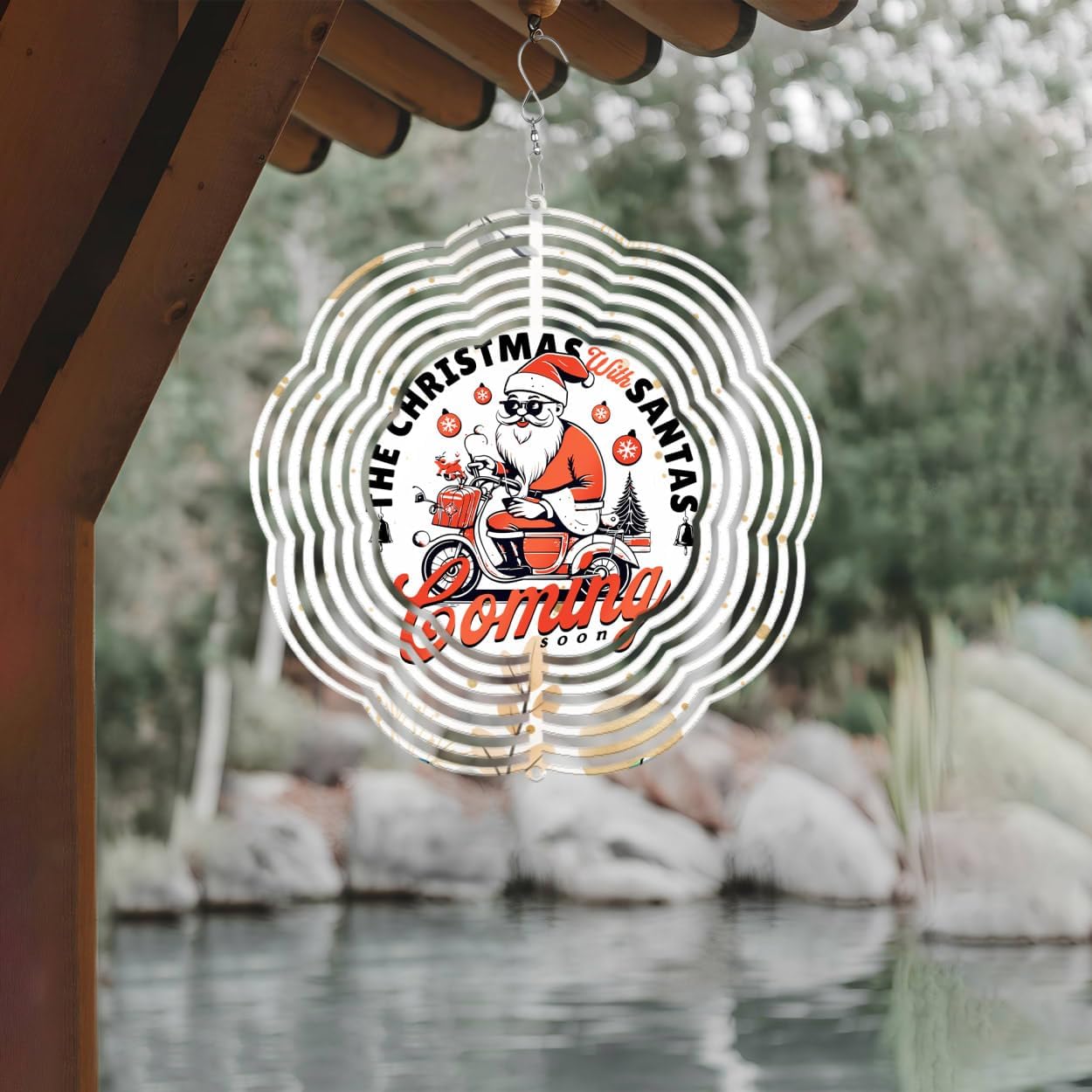 The Christmas with Santas Christmas Wind Spinners 3D Stainless Steel Laser Cut Metal Double Sided Printing-Hanging Indoor/Outdoor Decorations Yard Gardening Decor,Metal Kinetic Art 14x14 inches