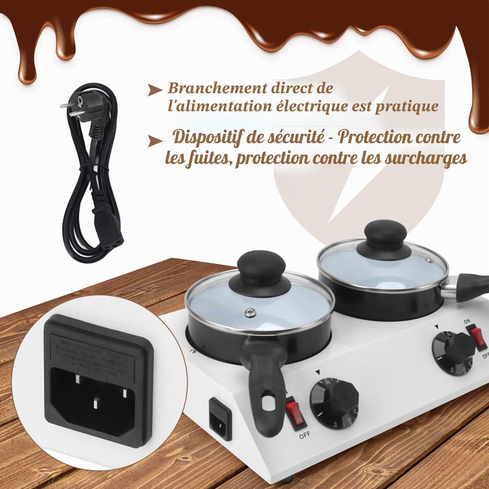 Fondoir à Chocolat Électrique 2 Réservoirs, 80W, Machine à Fondre le Chocolat avec Commande Manuelle