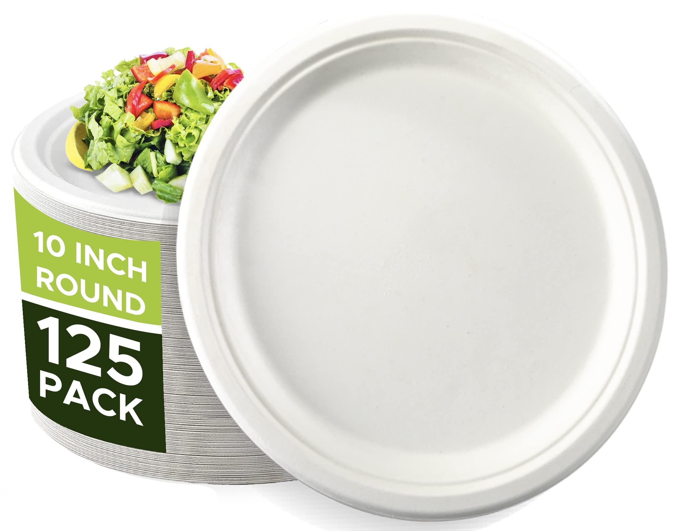 100% Compostable, Natural Paper plates 10 Inch 125 Pack Super strong Made from Sugarcane, Eco Friendly For Wedding, BBQ, Birthday, Party, Picnic, and thanksgiving