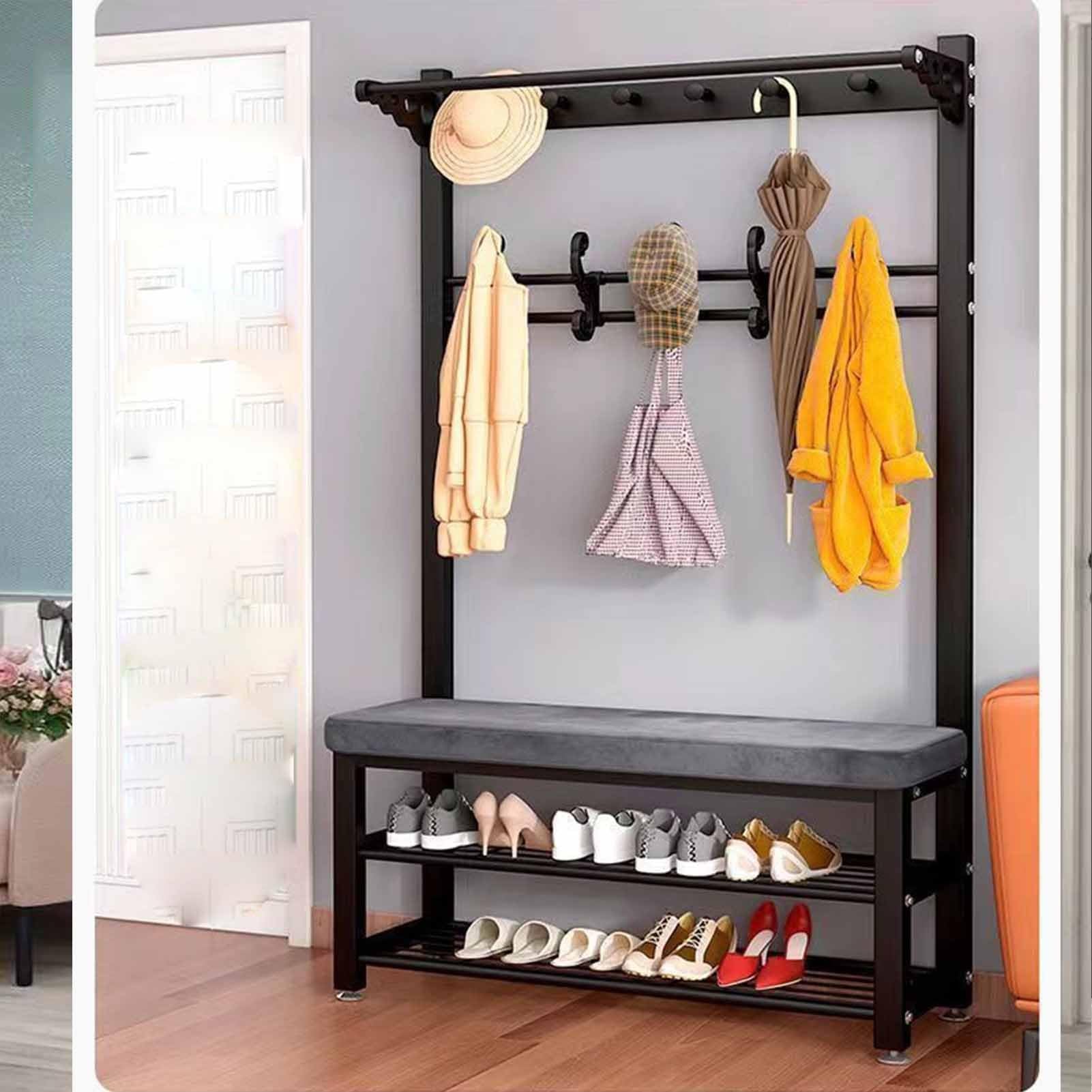 FGXHHS Stylish Entryway Hall Tree with Cushion Bench, 100cm Black Metal Coat Rack & Shoe Storage, Perfect Home for Coats, Shoes Accessories