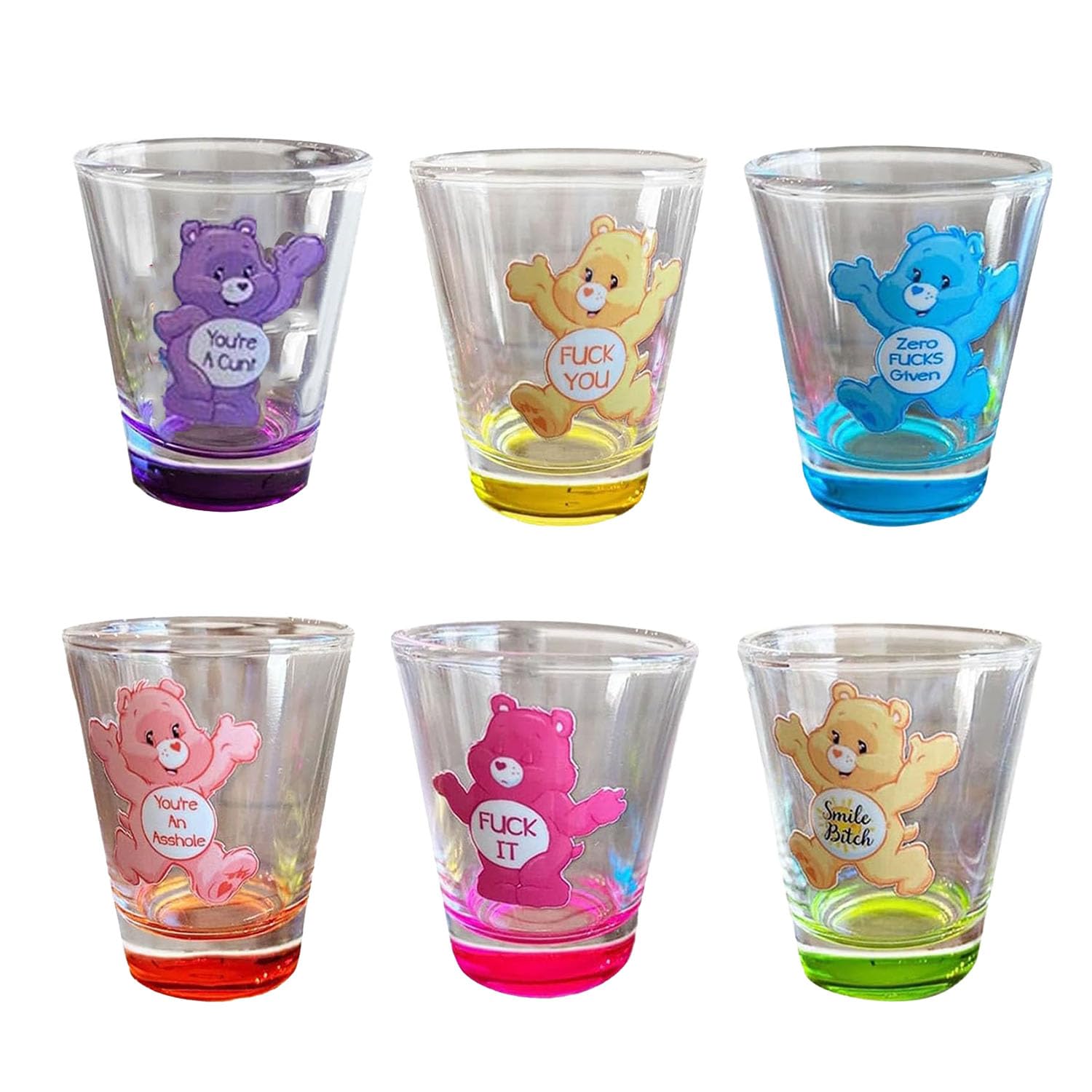 WEYSHHT Swear Bears Shot Glasses 6-Piece Set, Insulated Mini Care Bear Tumbler Glasses for Cocktail, Whiskey, Travel & Party
