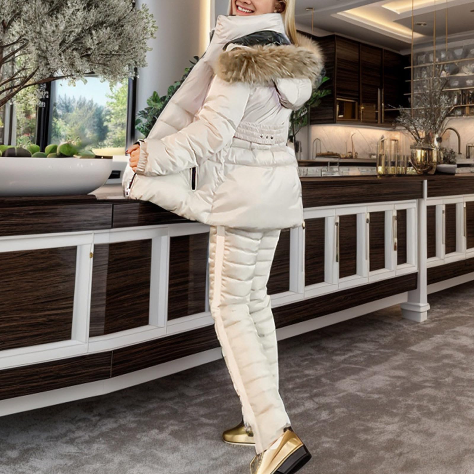 Generico Tuta Sci Cappotti Cappuccio calda spessa casual da donna Tuta da sci con cappuccio imbottita in cotone con cerniera per sport all'