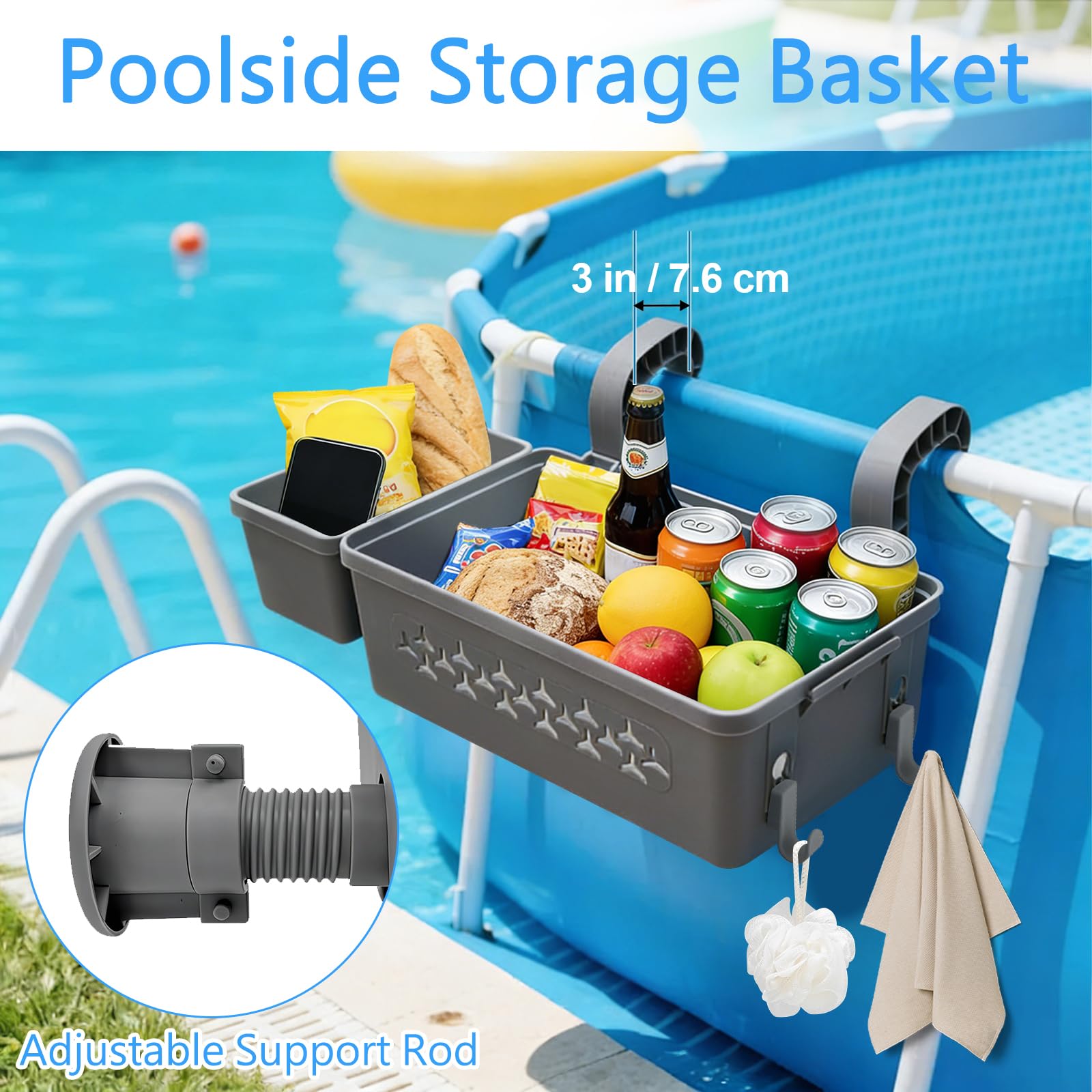 Panier de Rangement Piscine Hors Sol Suspendu, Organisateur pour Piscine, Panier De Piscine Suspendu, Panier de Rangement Suspendu avec Porte-gobelets, pour Jouets, Serviettes, Boissons