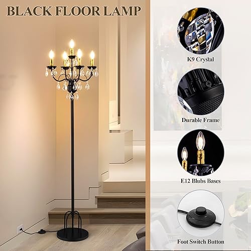 Miniatura 6 de TOCHIC Lámpara de pie de cristal negro de 5 luces para sala de estar, lámpara de pie moderna de 65 pulgadas de alto con interruptor de pie para