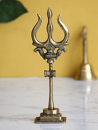 eCraftIndia Brass Trishul with Damru Decorative Handcrafted Figurine, Gold, One Size (BGO514)