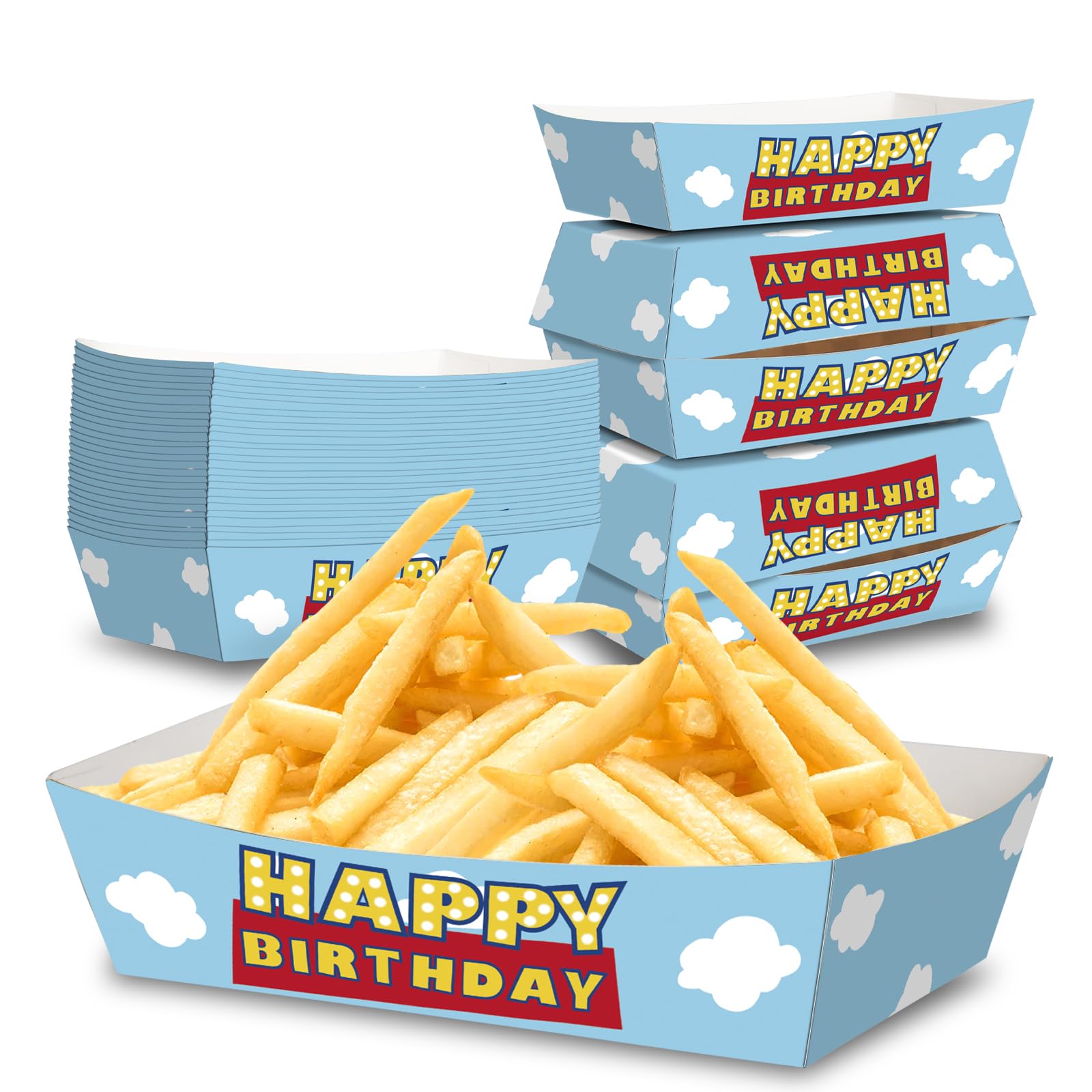 No Folding Required 50 Pack 2Lb Toy Inspired Story Paper Food Trays Toy Inspired Story Large Paper Food Trays with Disposable Blue Sky and White Cloud Snack Bowls for Hot Dog Popcorn Nacho Snack
